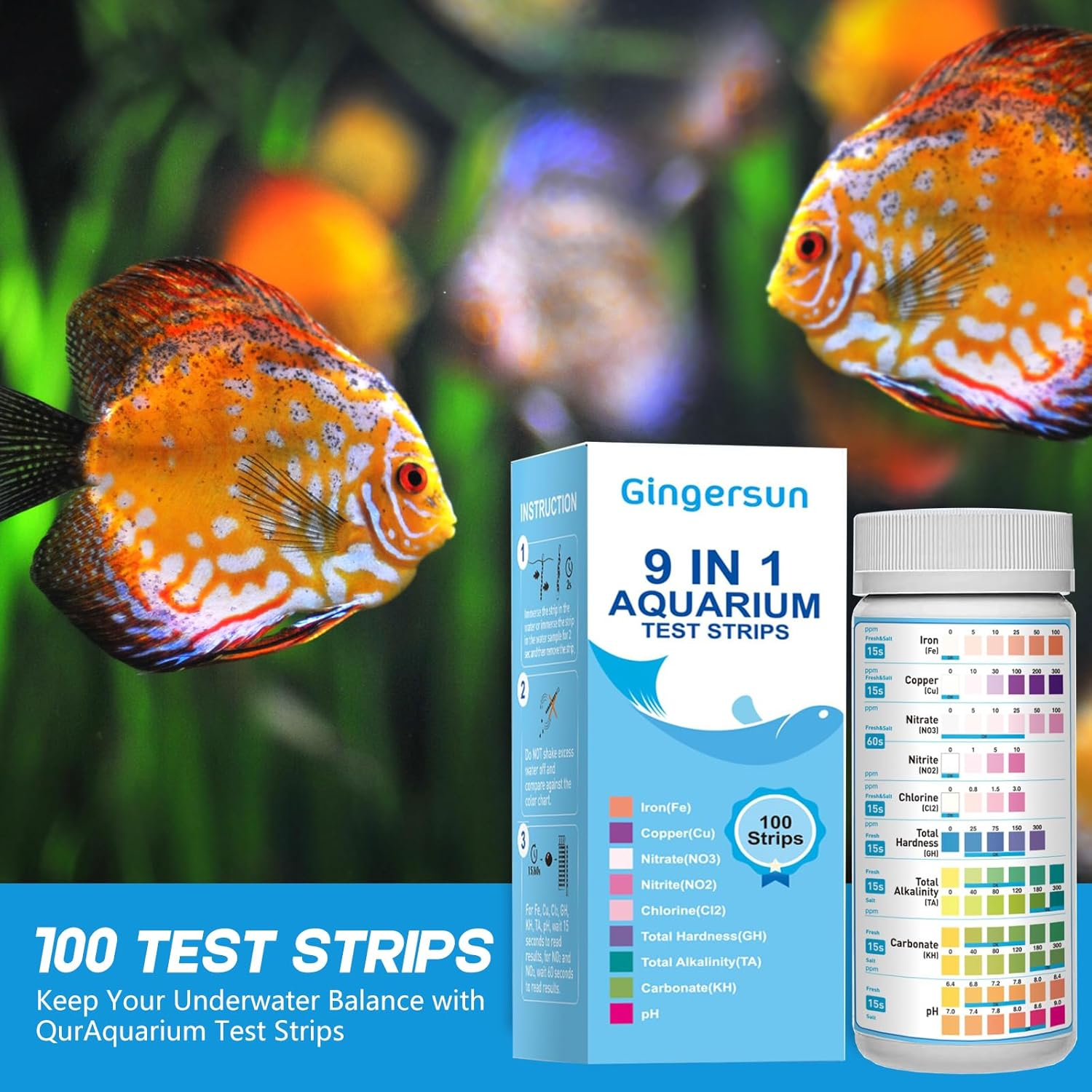 100 Strips Pack 9 in 1 Aquarium Test Kit, Fish Tank Test Strips, Freshwater Aquarium Test Kit to Detect Fe Cu Ph Nitrite Nitrate Chlorine Carbonate Total Alkalinity Hardness image number 6