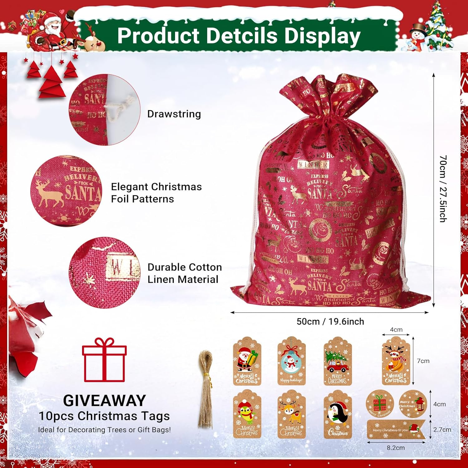 LIAN Santa Sack Christmas Bags Large Burlap Bag Bags with Drawstring Reusable Holiday Supplies Christmas Party Favors (50 * 70CM, Style 1)