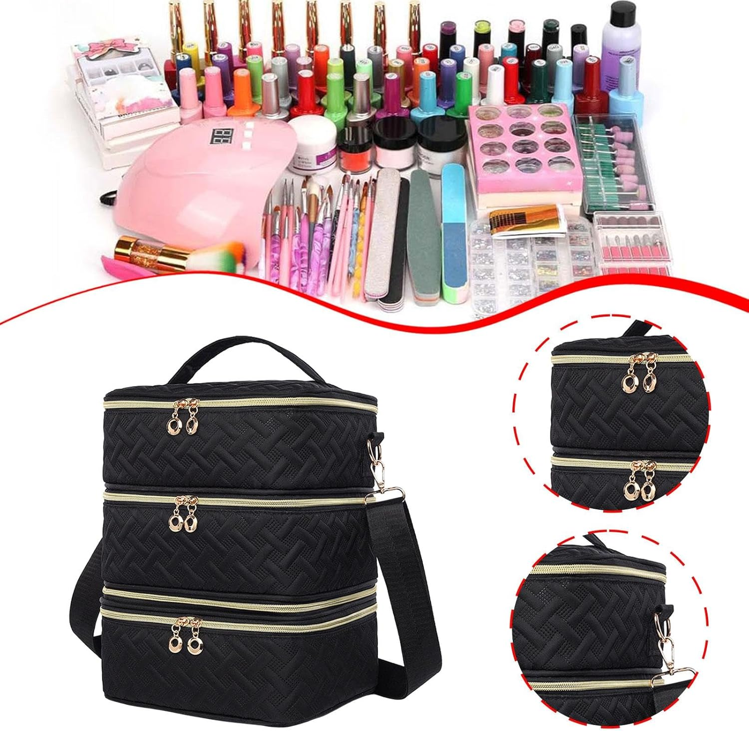 Ysyqkn Nail Polish Carrying Case Organizer 3 Layer with Handle Holds 60 Bottles Nail Polish Holder Cosmetic Bag for Manicure Tools, Woven Texture image number 6