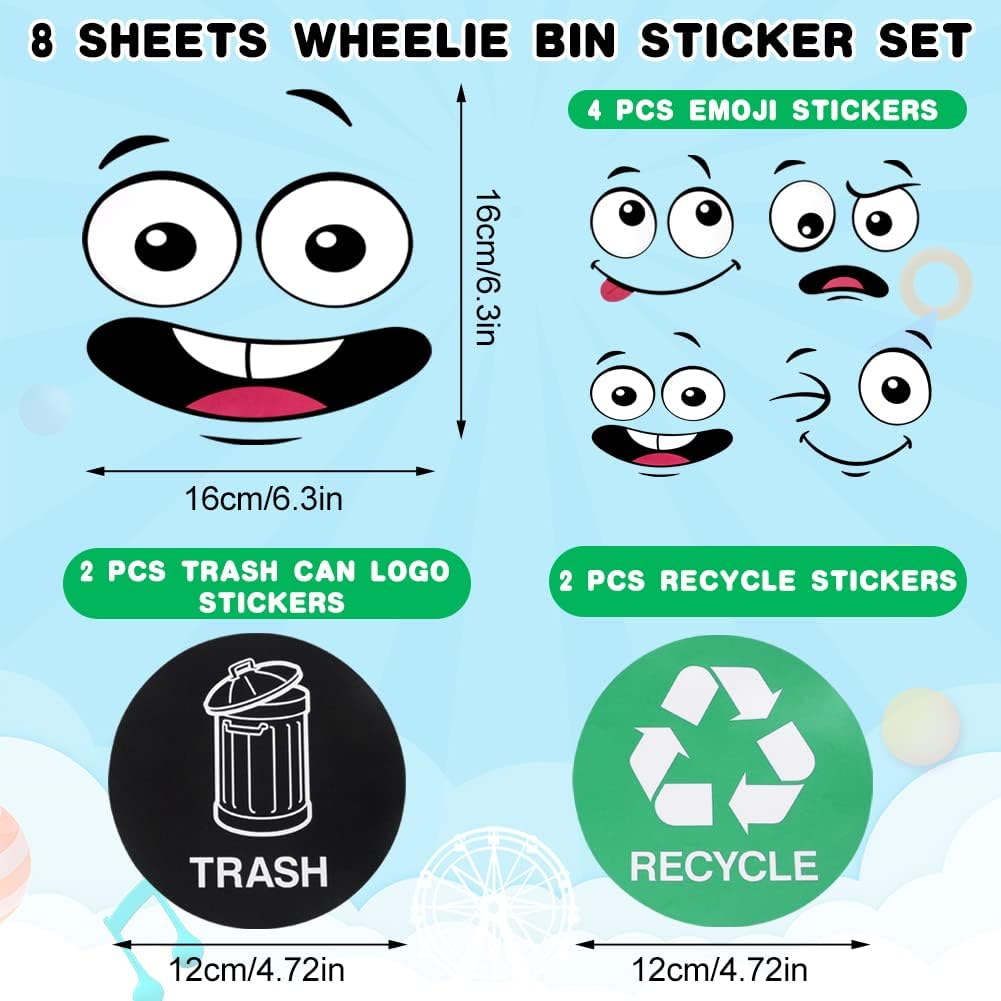 8 Sheets Wheelie Bin Stickers Adhesive Cartoon Expressions Dustbin Sticker Decorative Wall Stickers Eyes and Mouth DIY Large Decal for Fridge Bins Wall, Recycle Sticker Signs for Trash Can image number 3