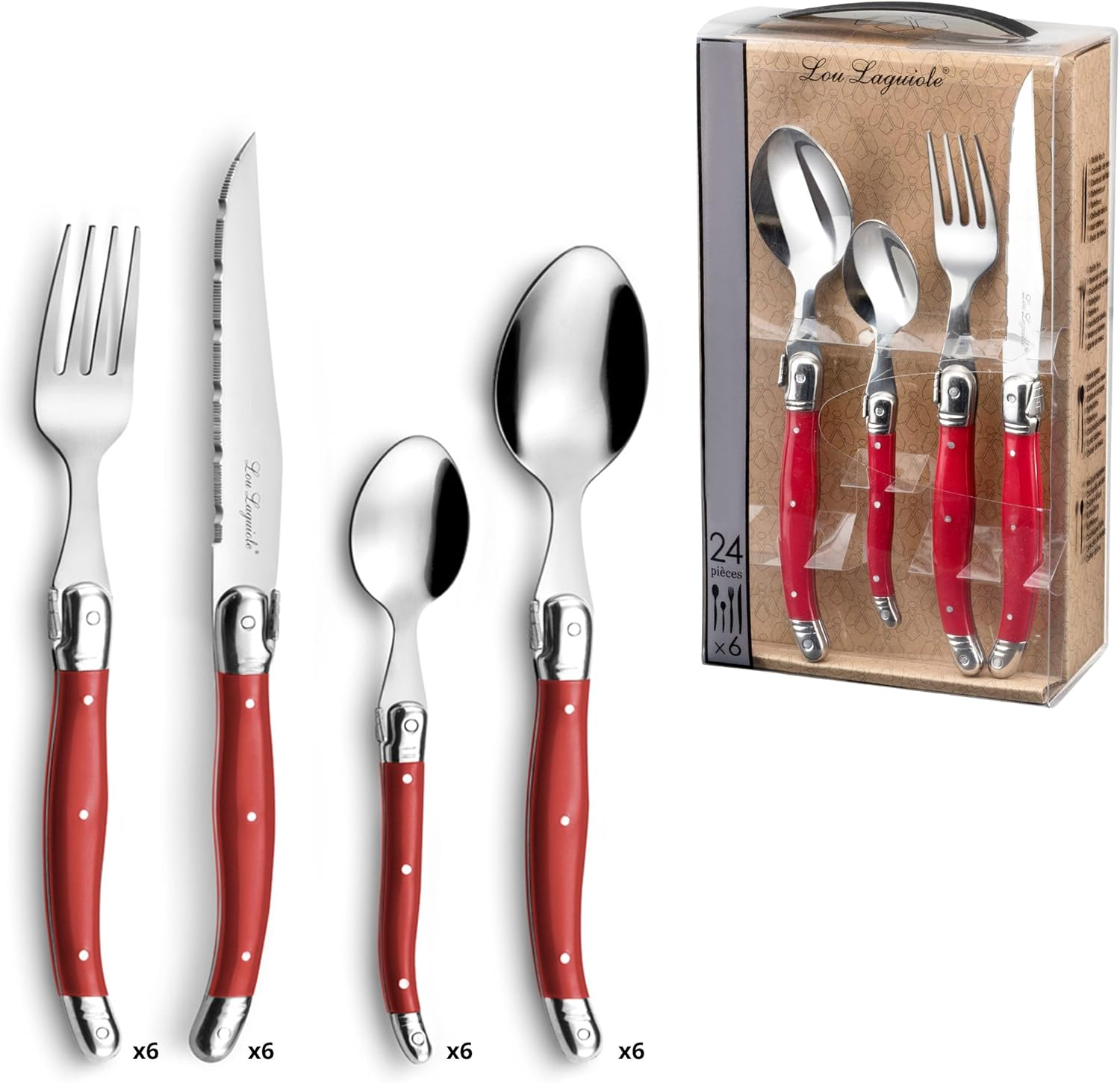 Lou LAGUIOLE Tradition Steak Knife Cutlery Set 24 Pieces | Steak Cutlery with Tradition and Style | Handles in Red | Serrated Knife | Barbecue Cutlery Set | Sharp Knives | Cutlery Set for 6 People