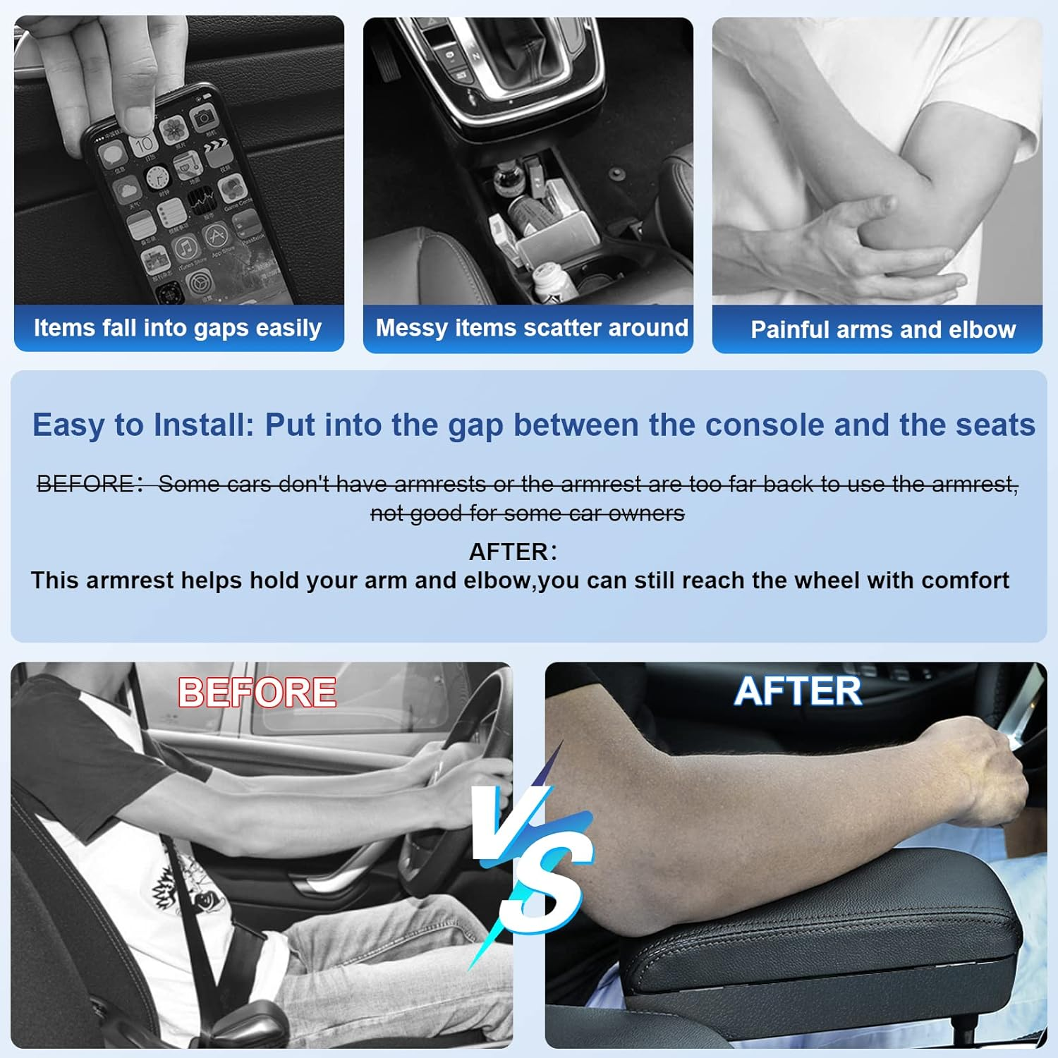 CDEFG Car Armrest Support Elbow Rest Pad Armrest Extender, Console Storage Organizer, Adjustable Height Comfort Wrist Rest Pads, Universal Fit for All Car Models (Black Line) image number 6