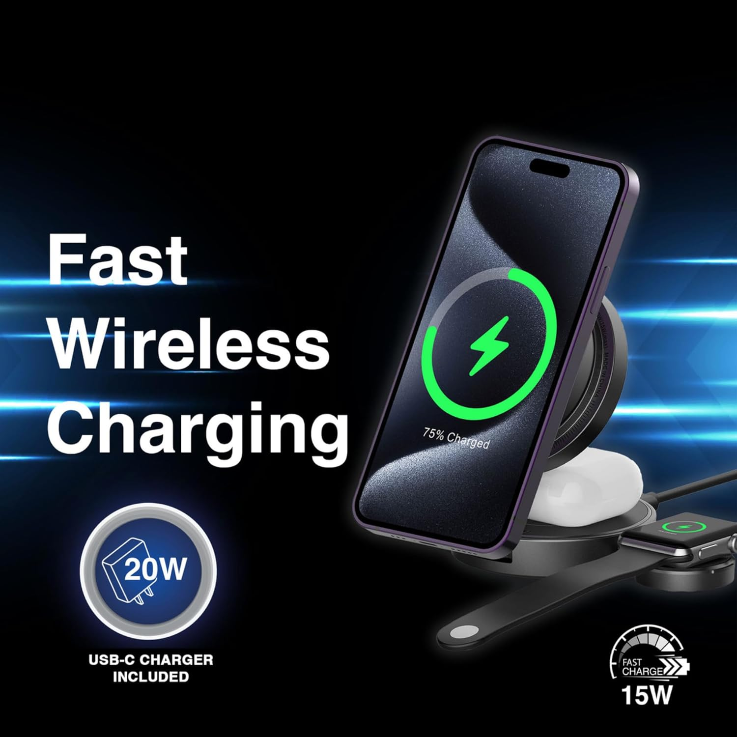 Laser Chargecore 3 in 1 Foldable Wireless Charging Stand, Magsafe Compatible 15W Fast Charge, USB-C Powered, Includes 20W USB-C Wall Charger, for Compatible Phone Watch and Earbuds, Travel Ready image number 3