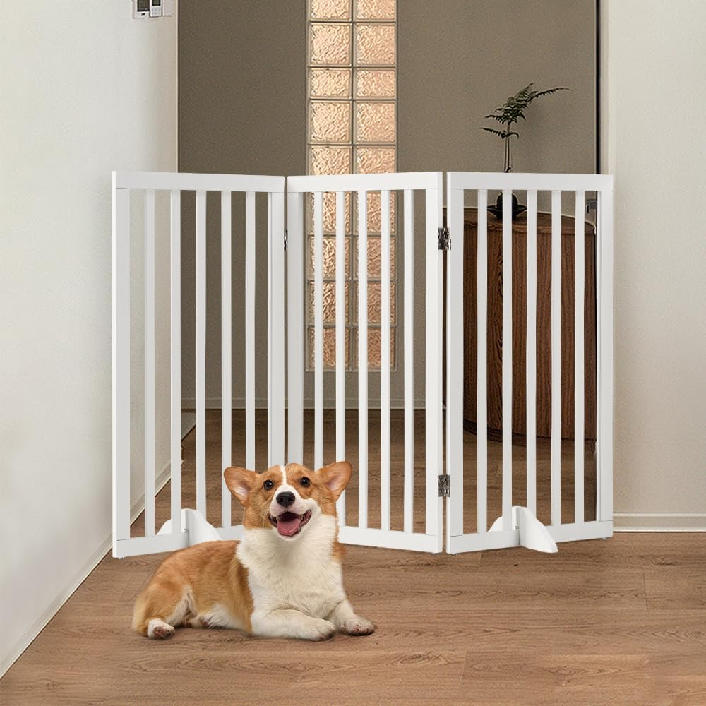 Petzly Foldable Dog Gate with Support Feet, Freestanding Pet Gate for Puppy Small Medium Dogs, Dog Fence for House Stairs Doorway Bedrooms, No Drill Pet Barrier, 3 Panels Fence, White - 141CM X 80CM image number 6