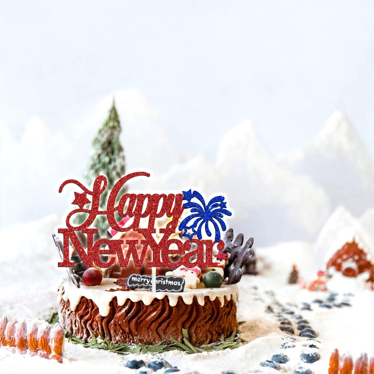 Happy New Year Cake Topper - Winter Xmas Holiday Cake Decor, Merry Christmas Santa Hello 2024 New Year Eve Party Decorations Supplies, Red and Blue Glitter image number 5
