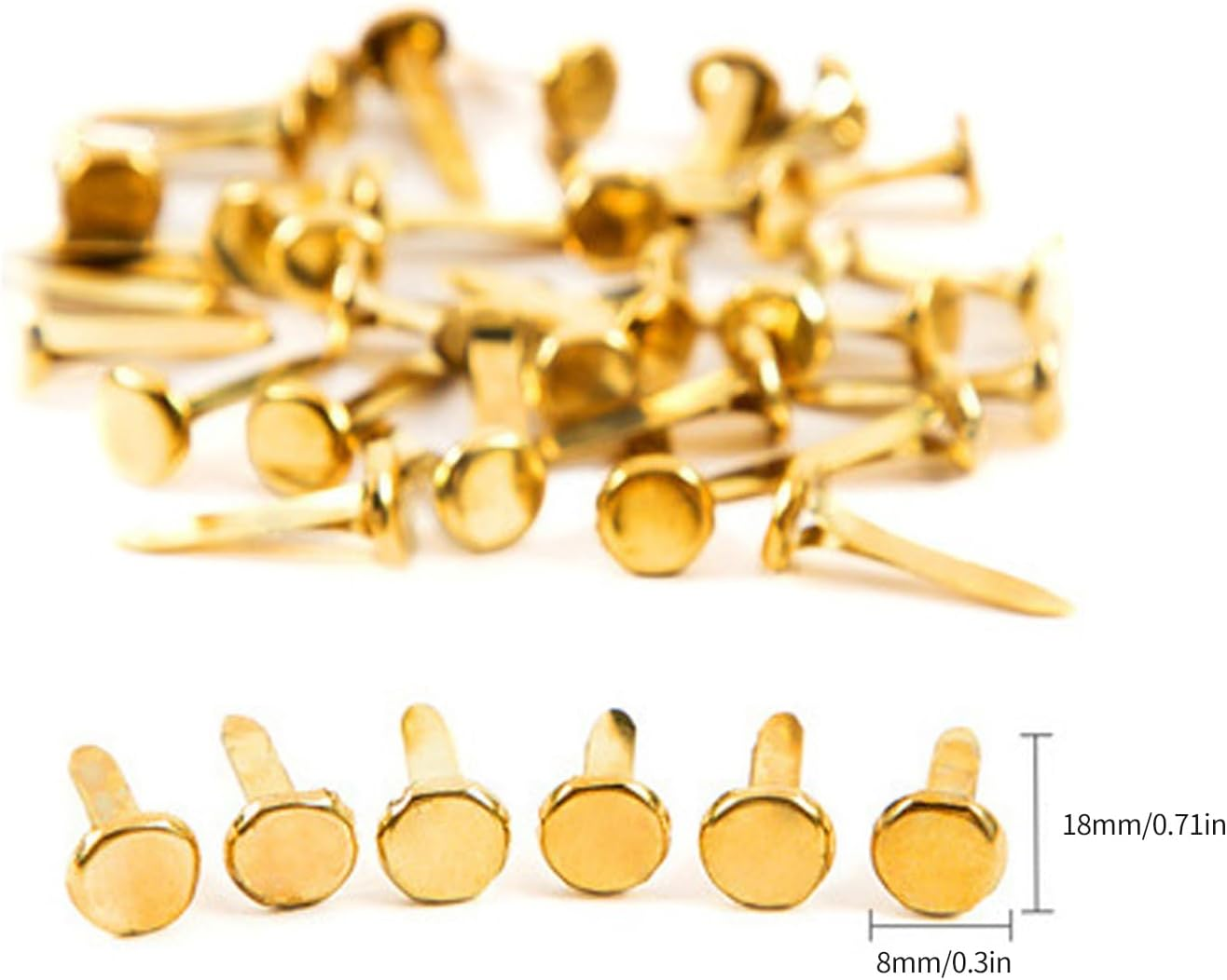 100Pcs round Head Double-Prong Rivets ，Foot Nails，Paper Fasteners ，For Craft Art Crafting School Project Decorative Clipbook Creation DIY Supplies. (Gold) image number 2