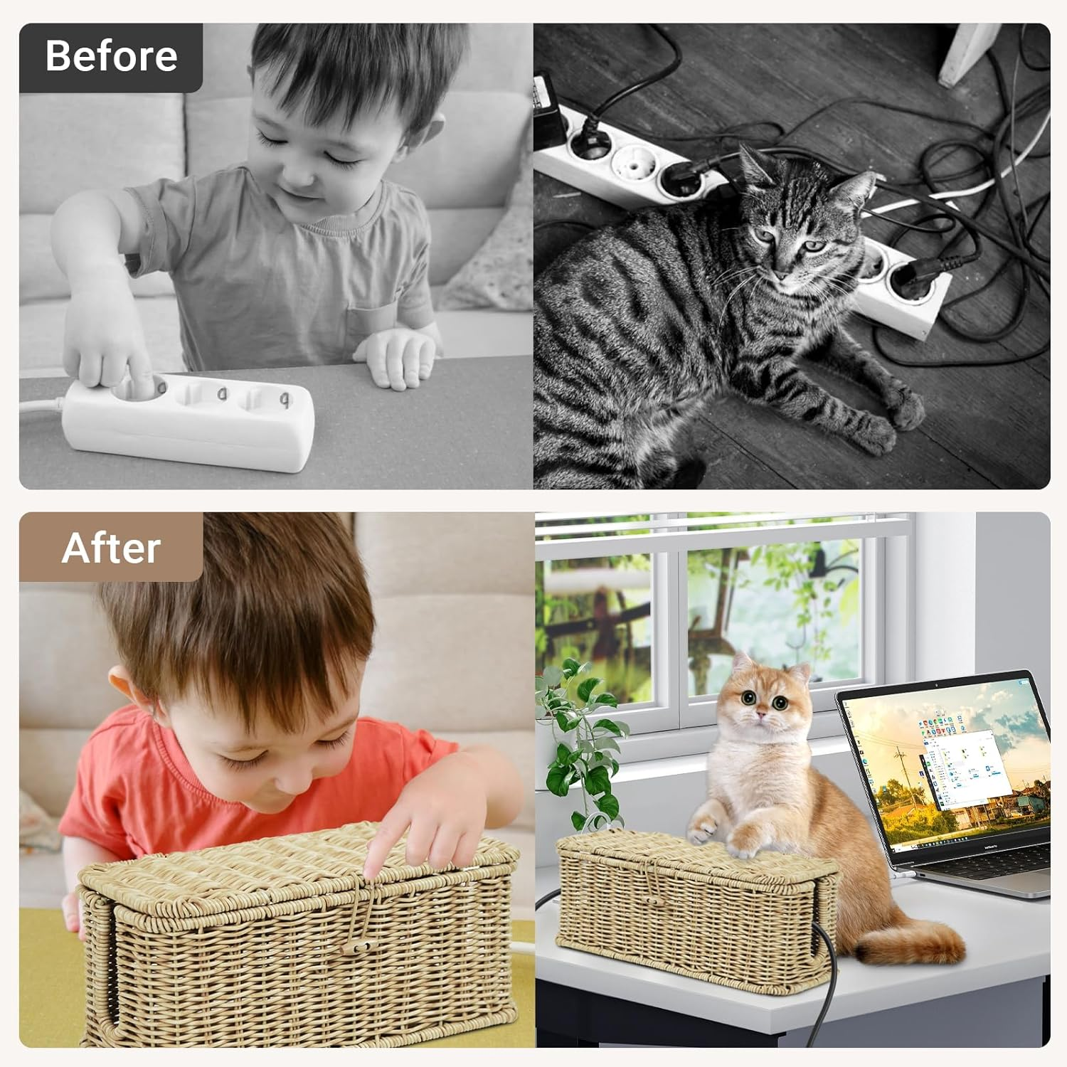 Ixtra 2-Pack Cable Management Box Set, Handwoven Rattan Cord Organizer, Decorative Cord Hider with Lid, Large Cable Organizer for Desk, TV Wires,Power Strips & Cords Natural image number 1