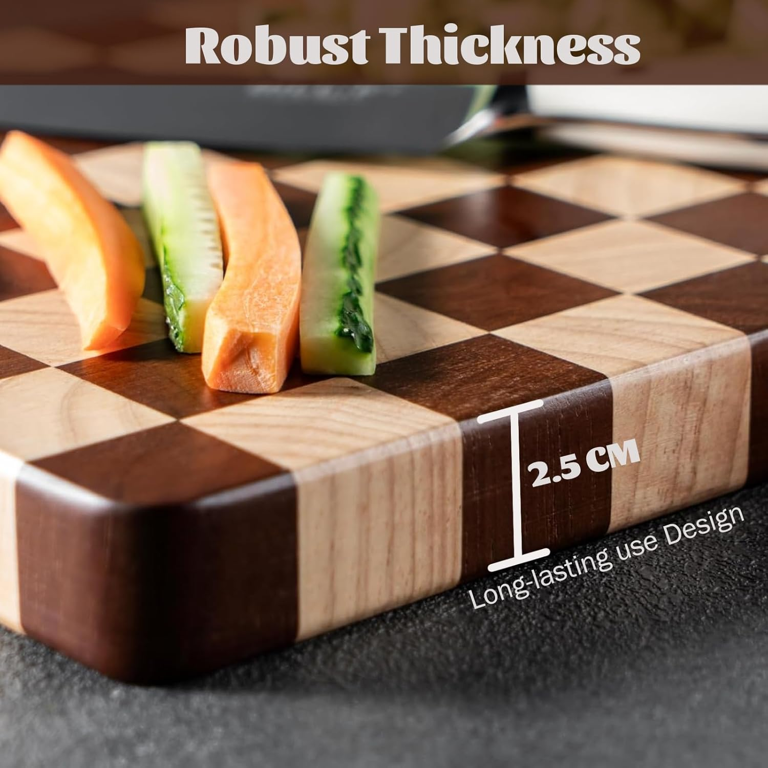 Acacia Wooden Chopping Board, Checkered Cutting Board, End Grain Cutting Boards for Kitchen, Butcher Block for Meat, Bread & Fruit, Charcuterie Board, 41 * 28 * 2.5CM image number 6