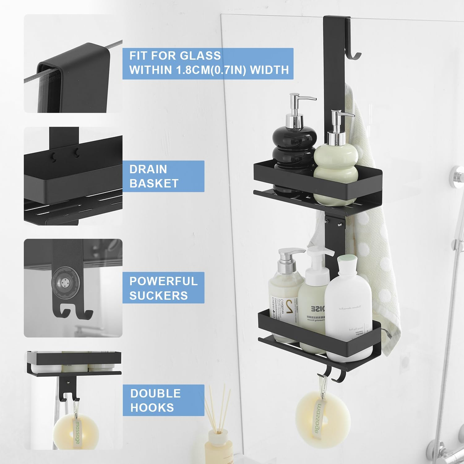 Hiendure Shower Caddy over Door Black - 2 Tier Haning Shower Caddy Shelf Rack, Stainless Steel Shower Organizer No Drilling Bath Shower Storage - Black image number 2