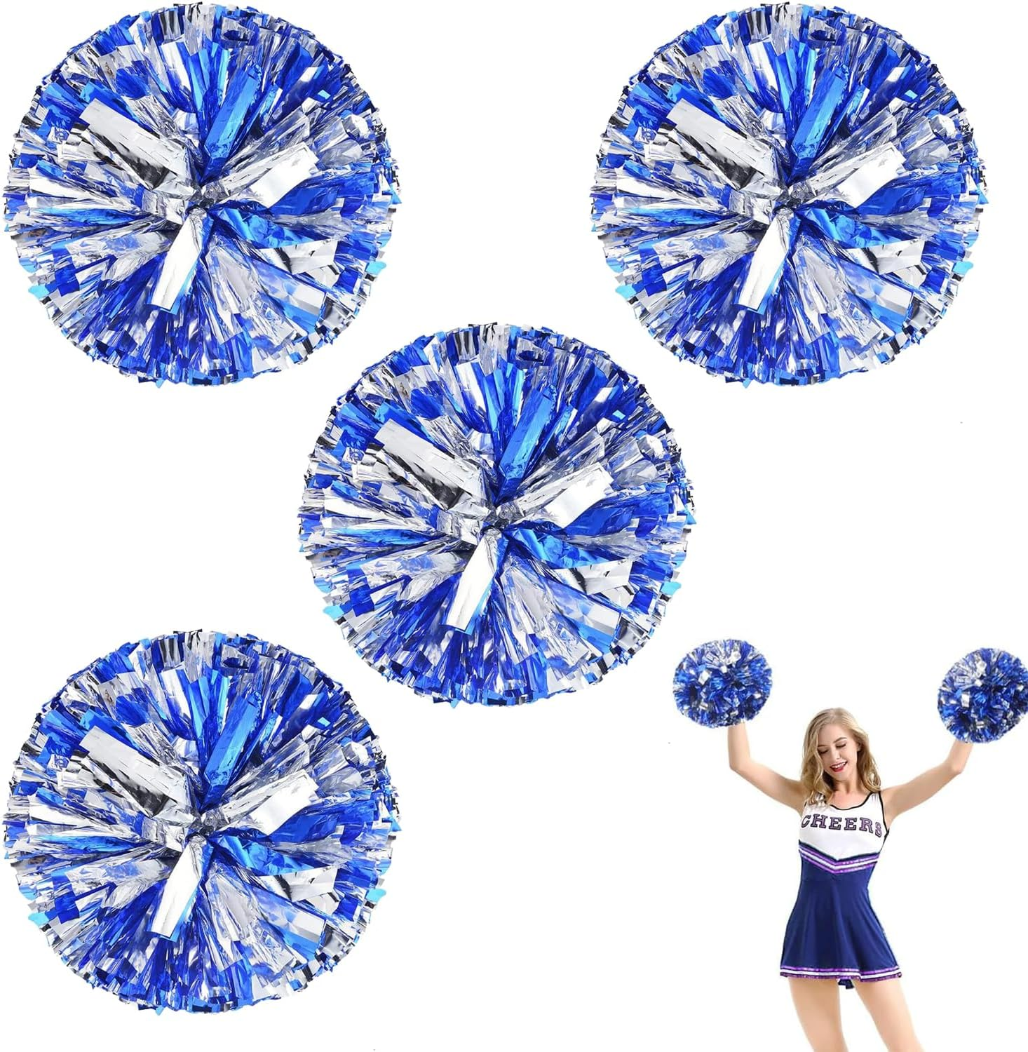 IONPSHG 4Pcs Cheerleader Pompoms Metallic Foil Cheer Poms Hand Flower Pompoms with Baton Handle Cheering Squad Pompoms Handheld Cheerleader Pompom Plastic Ring Pompom for Team Spirit Sports Dance