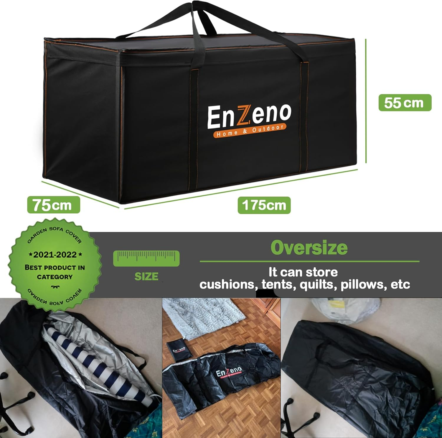 Enzeno Garden Furniture Cushion Storage Bag, 420D Oxford Fabric Waterproof, Anti-Uv Heavy Duty Christmas Tree Storage Bag with Carry Handle and Zipper (175X75X55Cm), Black image number 3