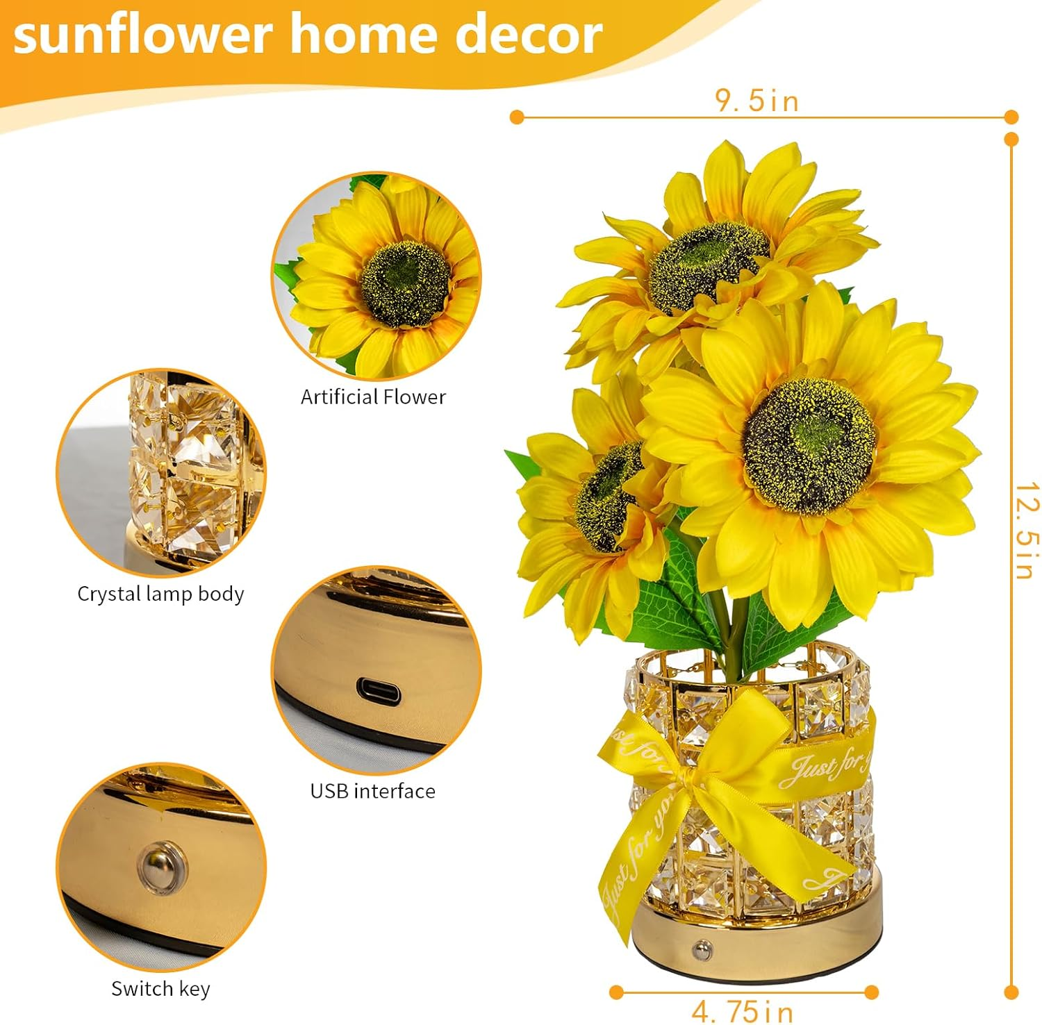 Sunflower LED Lamp,Usb Rechargeable Touch Night Light, 3 Color Stepless Dimmable,Small Battery Flower Decor for Bedroom, Restaurant, Bar &ndash; Birthday, Mother&rsquo;S Day,Wedding Gifts for Women,Mom image number 3