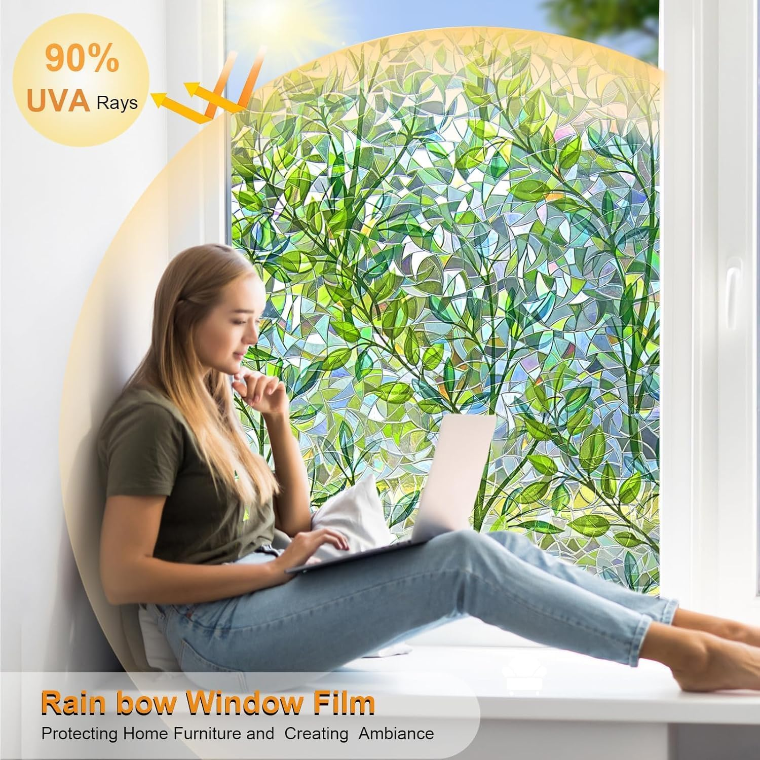 Window Privacy Film with Installation Tool,Stain Rainbow Window Film Sticker, Vinyl 3D Sticker, Removable, Static Adhesive, Thermal Control, UV Protection (44.5 * 200 Cm)