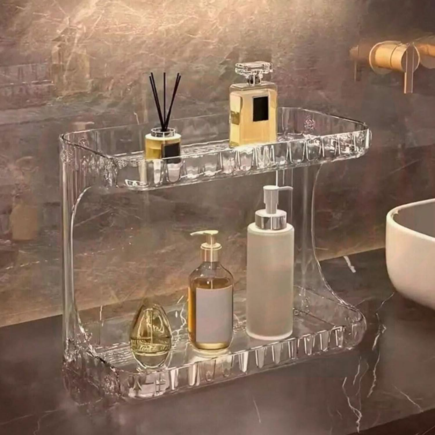 YIRANJIA 2-Tier Clear Acrylic Bathroom Countertop Organizer - Cosmetic Skincare Makeup Storage for Vanity, Kitchen & Coffee Table