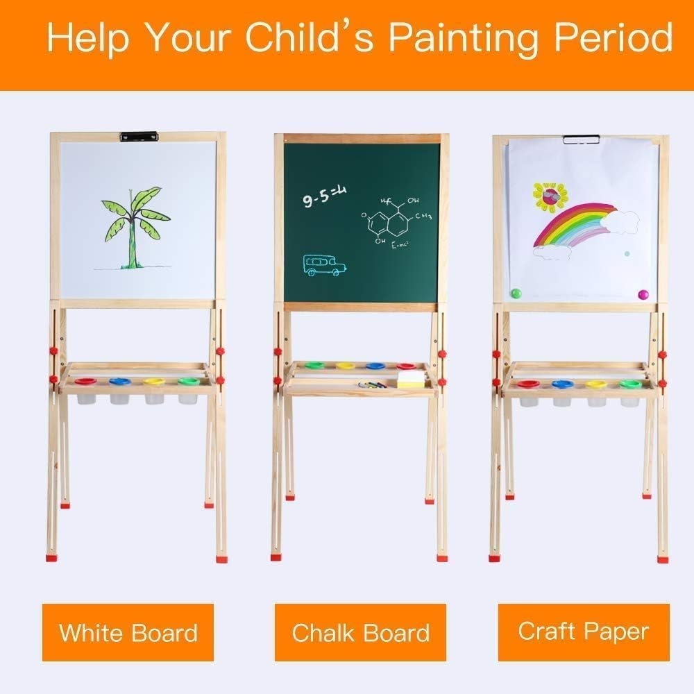Wooden Art Easel for Kids, Double Sided Kids Easel with Whiteboard & Chalkboard, Height Adjustable Drawing Stand Kit for Kids with Painting Accessories, Education Supplies for Boys and Girl image number 6