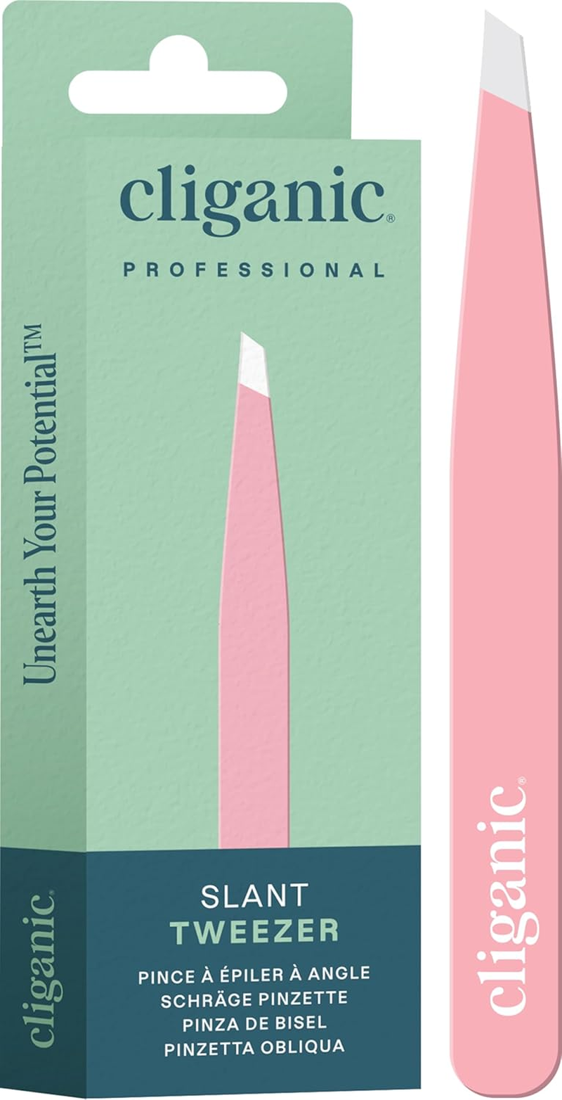 Cliganic Professional Eyebrow Tweezers Slant Tip Precision for Men & Women, Stainless Steel Best for Plucking Chin Facial Hair