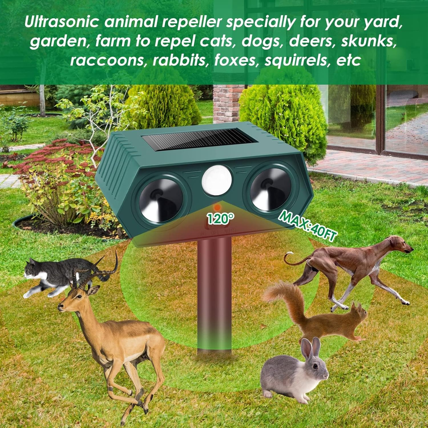 ​Cyperever Solar Powered Ultrasonic Animal Repeller Outdoor, Cat Repellent Possum Deterrent Bird Deterrent Snake Repellent, Motion Sensor & Dual Speakers for Dogs Foxes Rodents​​ 4 Pack image number 1