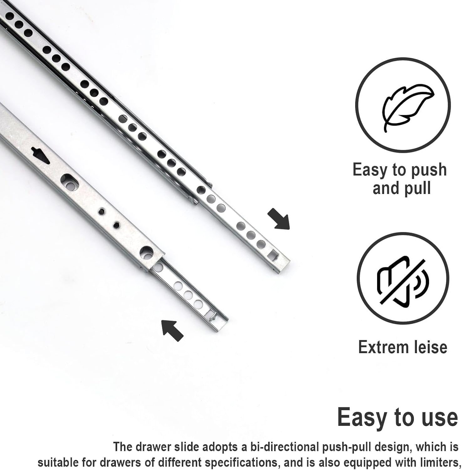 LERANXIN Drawer Runners, Full Extension, 2 Pairs (4 Pieces), Drawer Runners Made of Galvanised Material, Drawer Slide with Two-Way Extension, for Drawers with 17 Mm Groove. Comes with 16 Screws image number 1