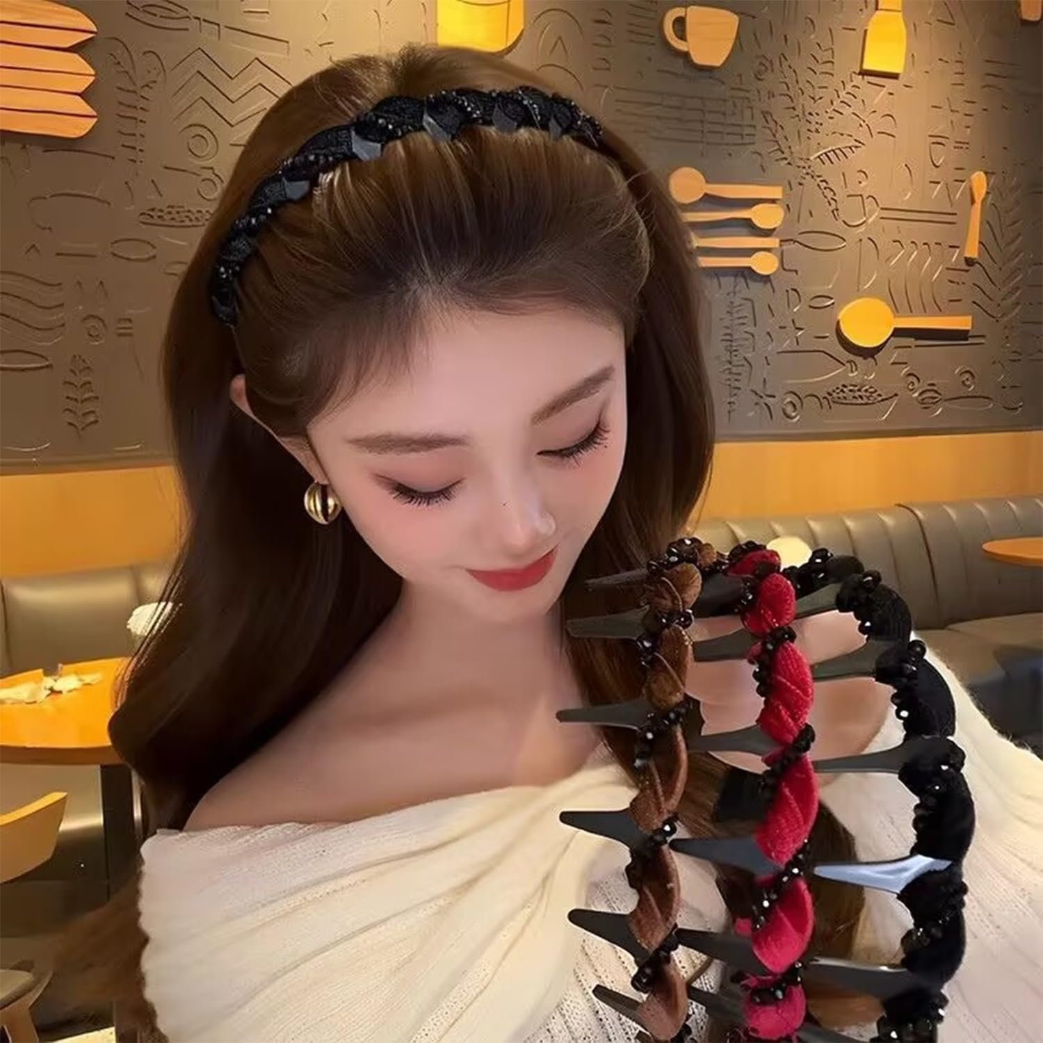 Regulatem/Watchatest Retro High Skull Pearl Headband Set, Vintage Cranium Artificial Pearl Hairband, Reversible Zig Zag Headband, Rhinestones Hair Accessories for Parties and Daily(4Pcs-D) image number 3