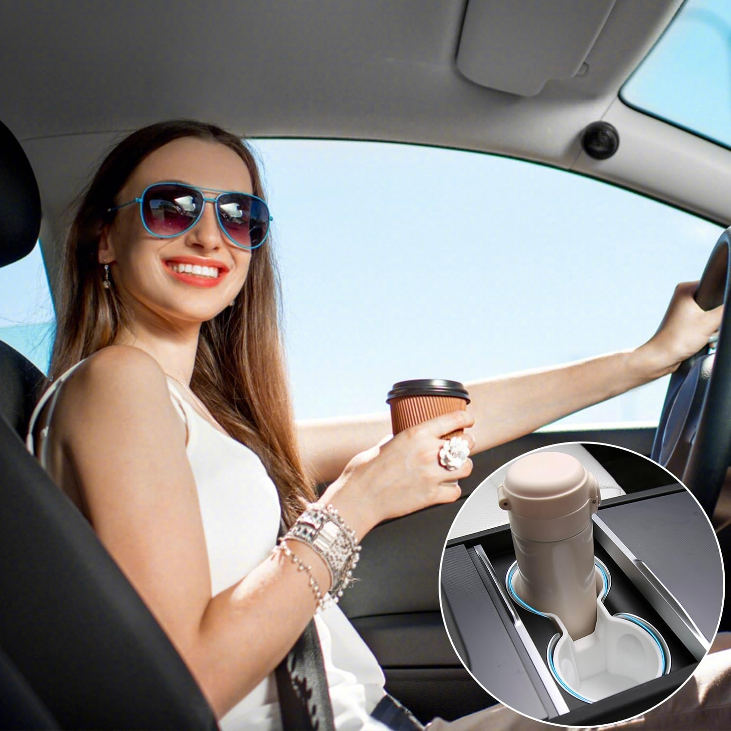 3PCS Center Console Accessories for Tesla New Model Y Juniper 2025 Model 3 Highland 2024 Cup Holder Insert, Screen Edge Protector Frame, Wireless Charger Mat Silicone, White image number 1