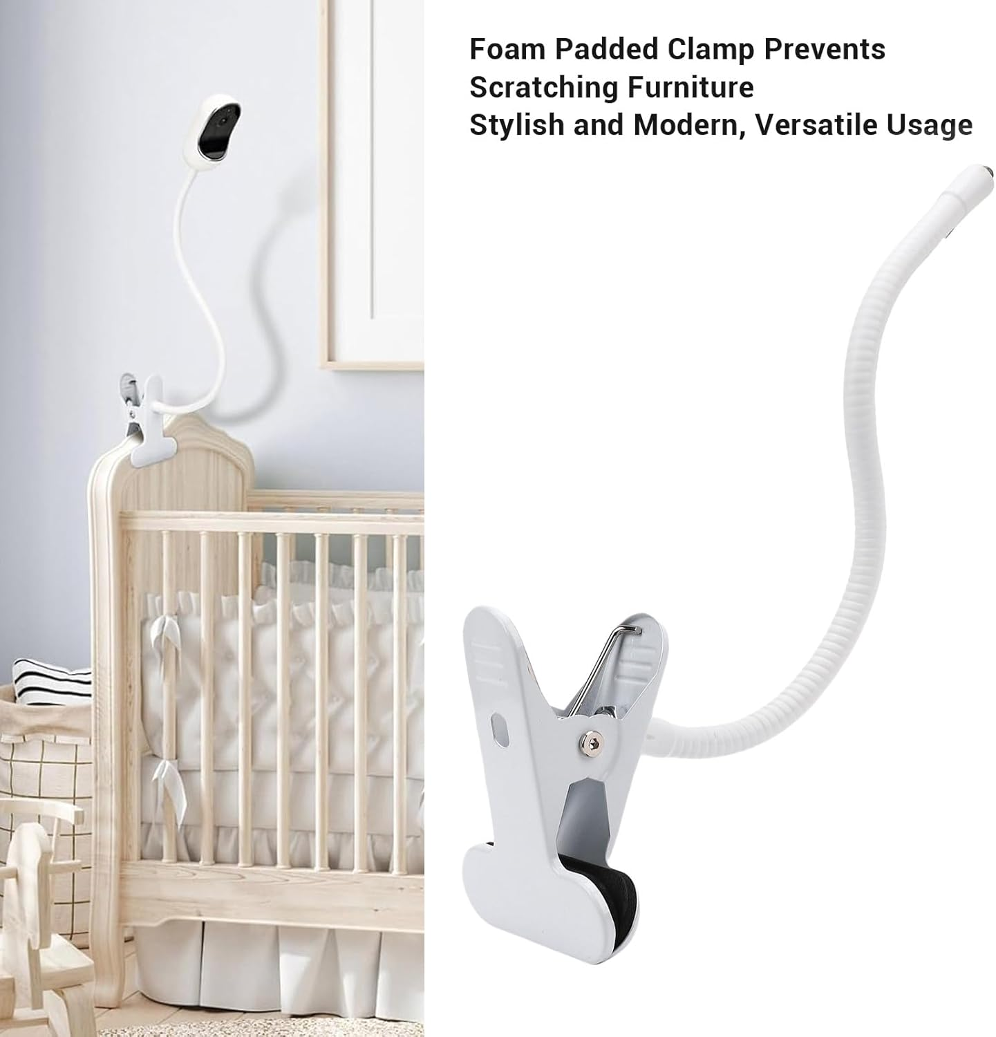 Denash Flexible Baby Monitor Mount, Adjustable Gooseneck Holder with Universal 1/4 Screw Compatibility and Clamp Fixation for Cameras