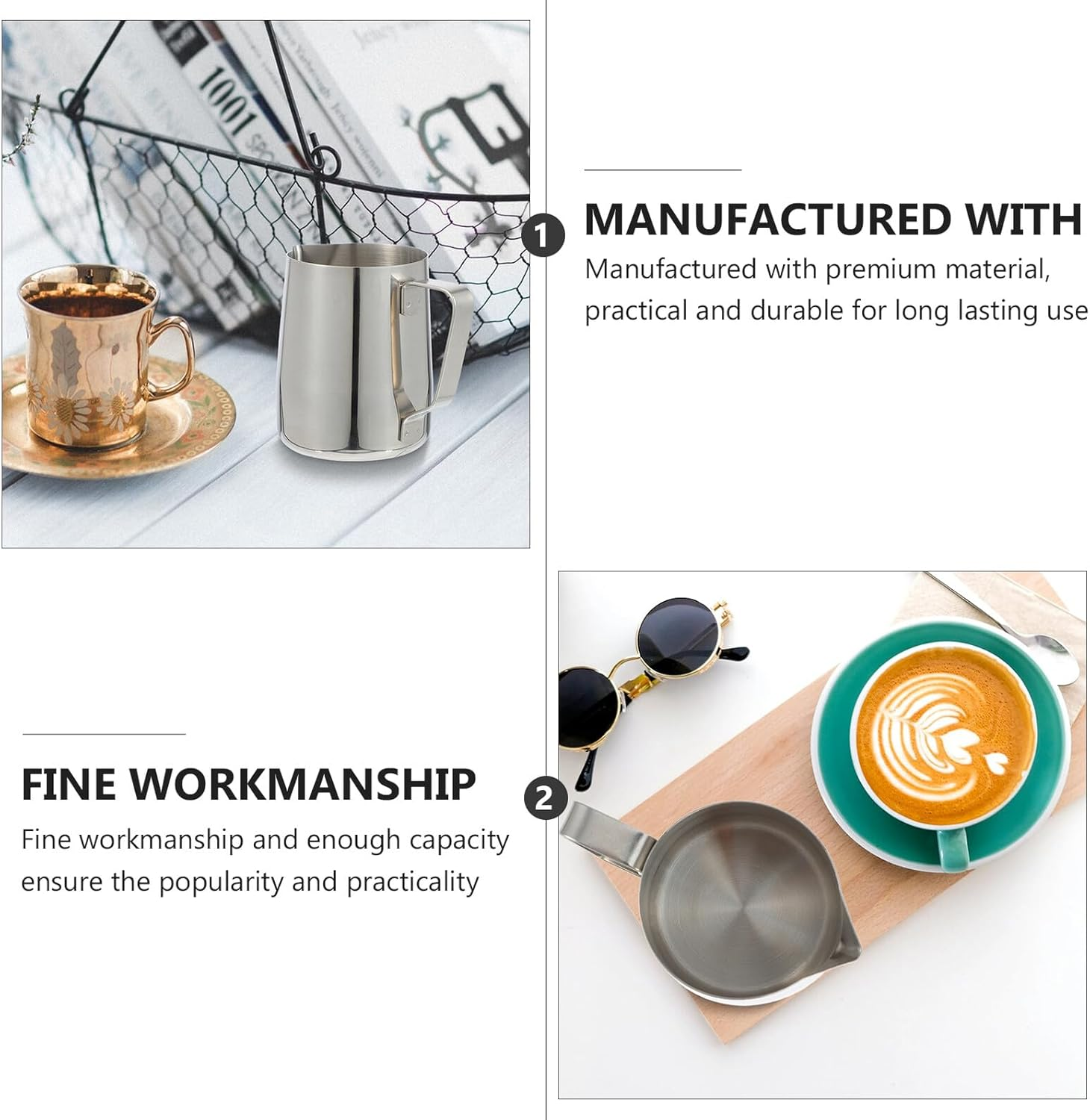 FUNNETOYU Stainless Steel Coffee Frothing Pitcher with Latte Art Pen Comfortable Grip Milk Frothing Cup for Espresso Yogurt Juice and Sauce Serving Easy-Pour Spout Design image number 4