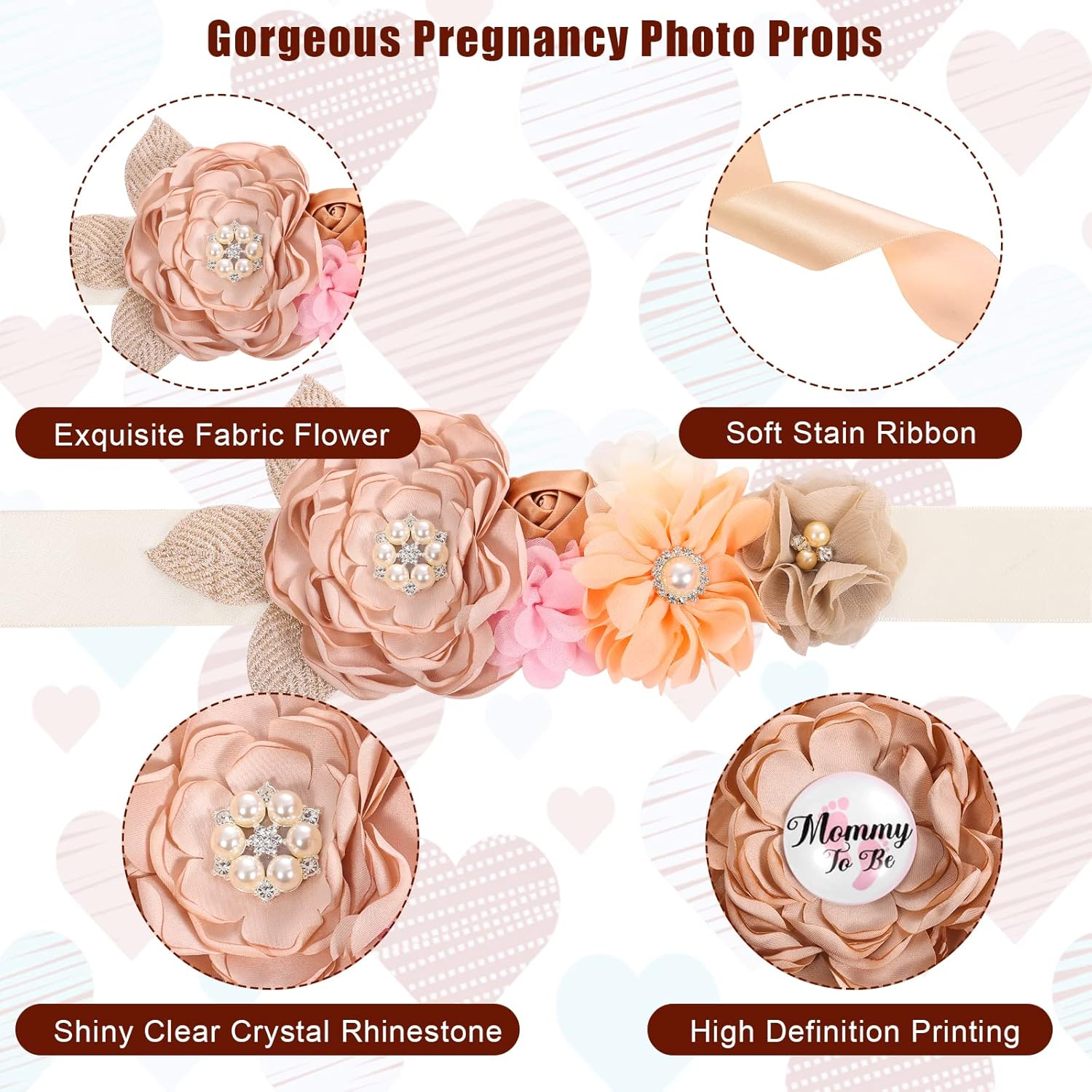 Mommy to Be Sash, Floral Boho Mom to Be Sash for Baby Shower with Mom to Be Corsage Pin Set Light Brown Mom to Be Sash and Pin Pregnancy Sash Boho Baby Shower Decorations for Girl and Boy image number 2