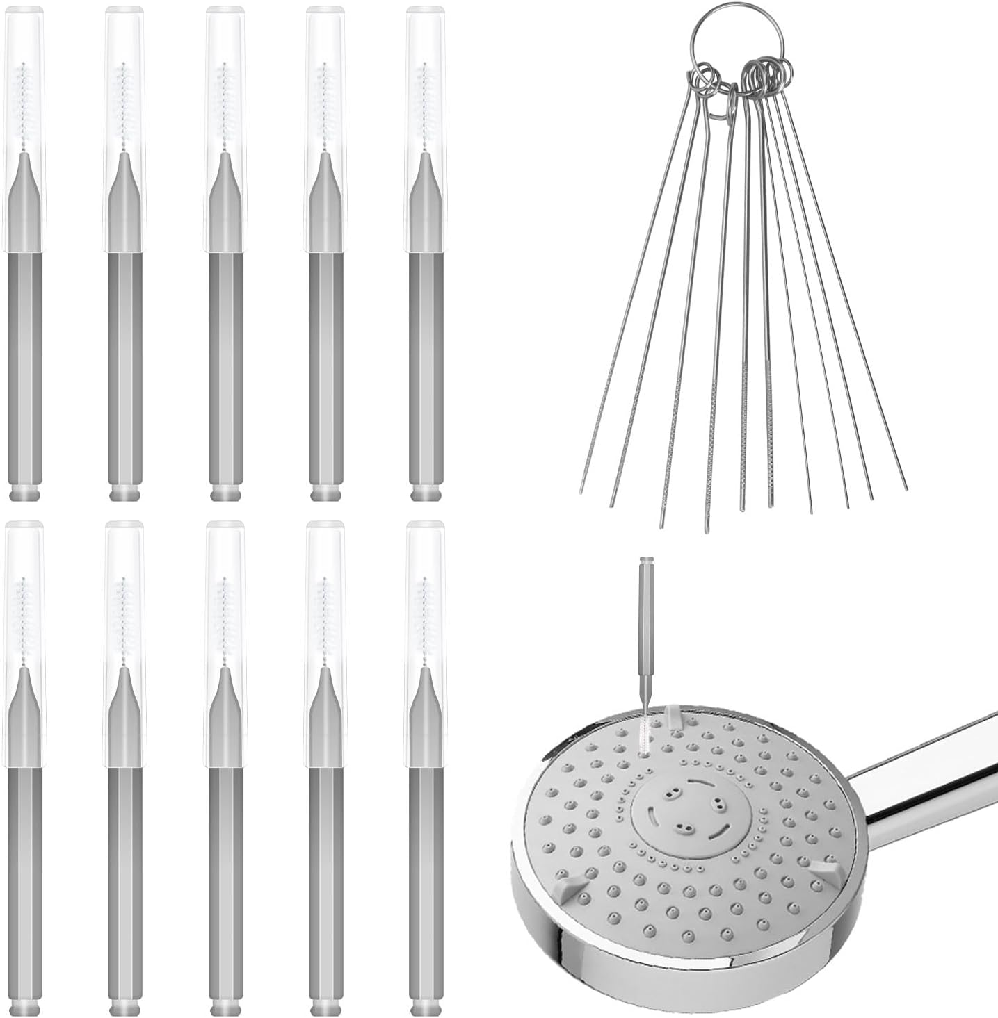 10Pcs Shower Head Cleaners, with 10Pcs Needle Picks Anti-Clogging Shower Head Cleaning Brush Tiny Crevice Cleaner Tool for Small Holes Gaps Nozzle Window Slot Household Bathroom (Gray)