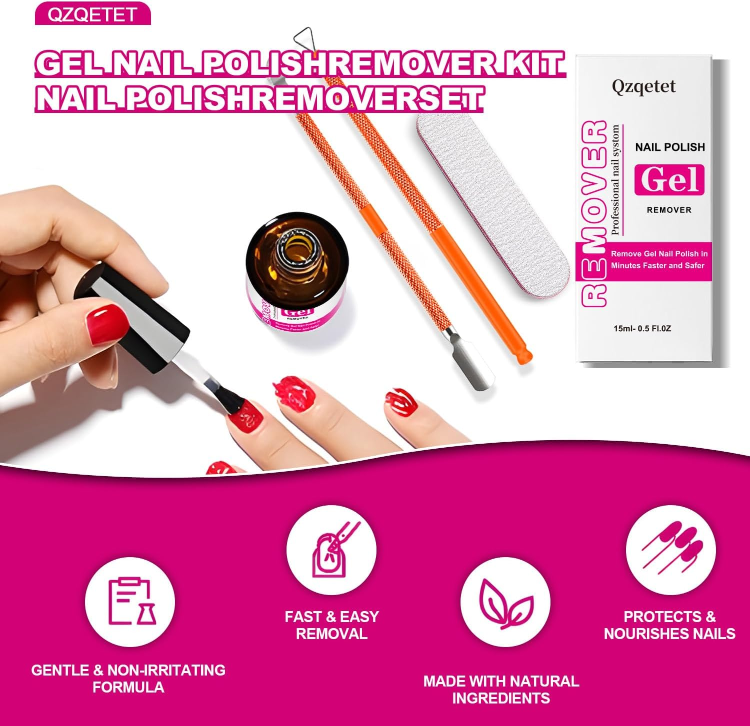 Gel Nail Polish Remover with Latex Peel - 15Ml Quick Gel Remover for Nails, Easy Removal in 3-5 Minutes, No Wrapping, No Soaking, Cuticle Pusher Set