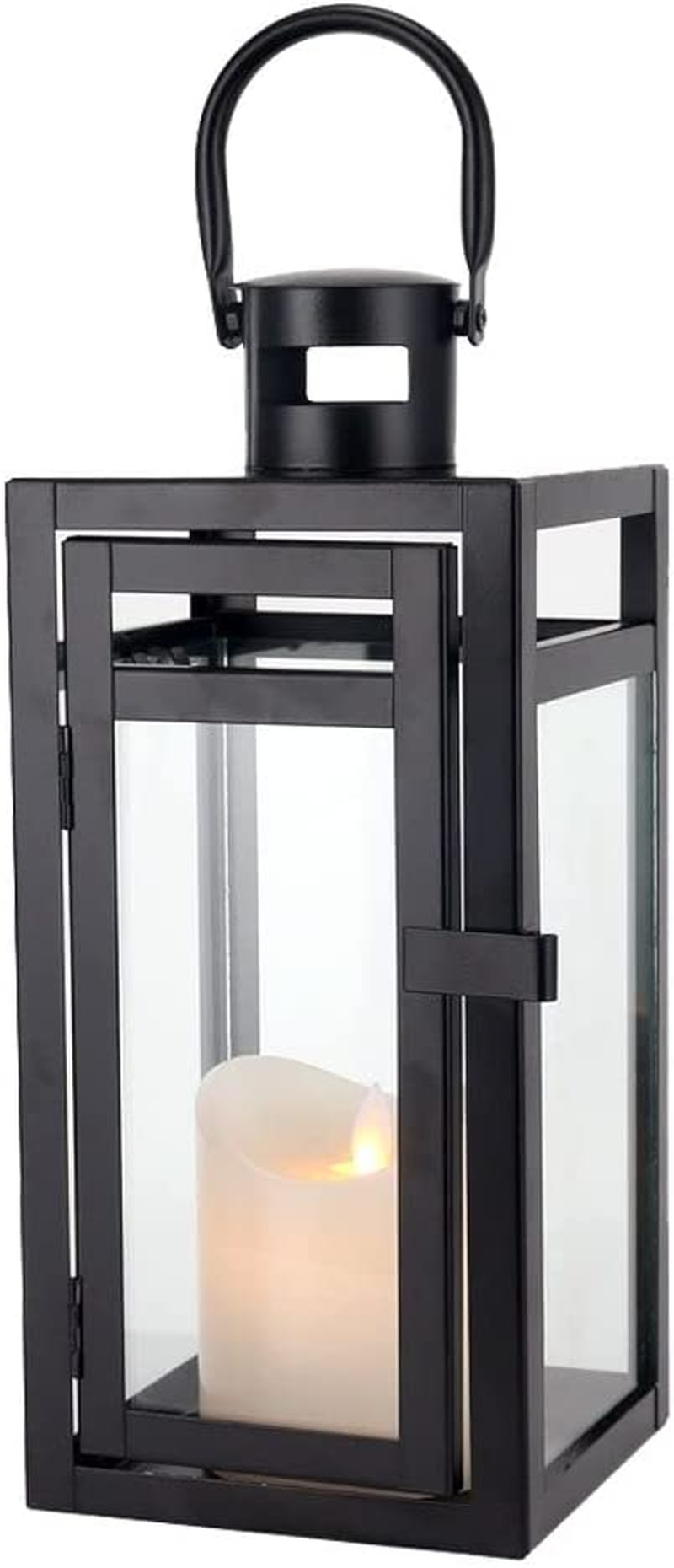 TRIROCKS Metal Lantern Candle Holder 30 Cm High Decorative Tea Light Candle Holder with Tempered Glass for Christmas Home Decor Living Room Parties Events Tabletop Indoors Outdoors (Black)