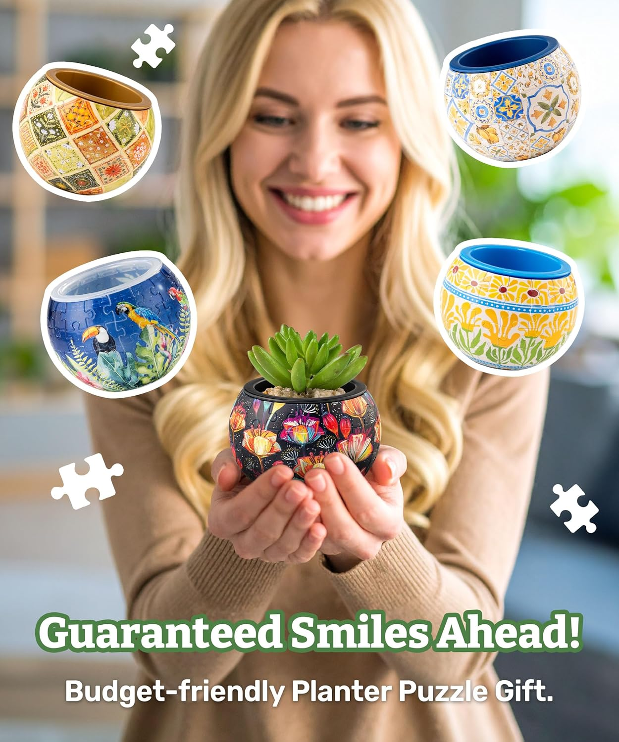 Piecerelax 3D Puzzle Planter - Smart - Happy Reading - Small round Plant Pots with Drainage, Home Decor Flower Pots for Indoor Cactus, Succulents Pots [K1102] image number 5