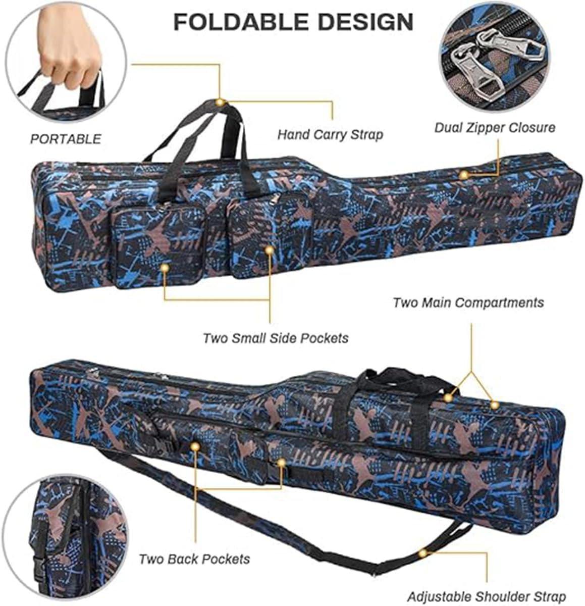 AIMALL 51.2 Inch Double-Layer Fishing Rod Bag with Waterproof Coating and Multi-Pocket Design, Portable Tear-Resistant Gear Carrying Case for Sea and Freshwater Fishing - Deep Blue Camouflage image number 3
