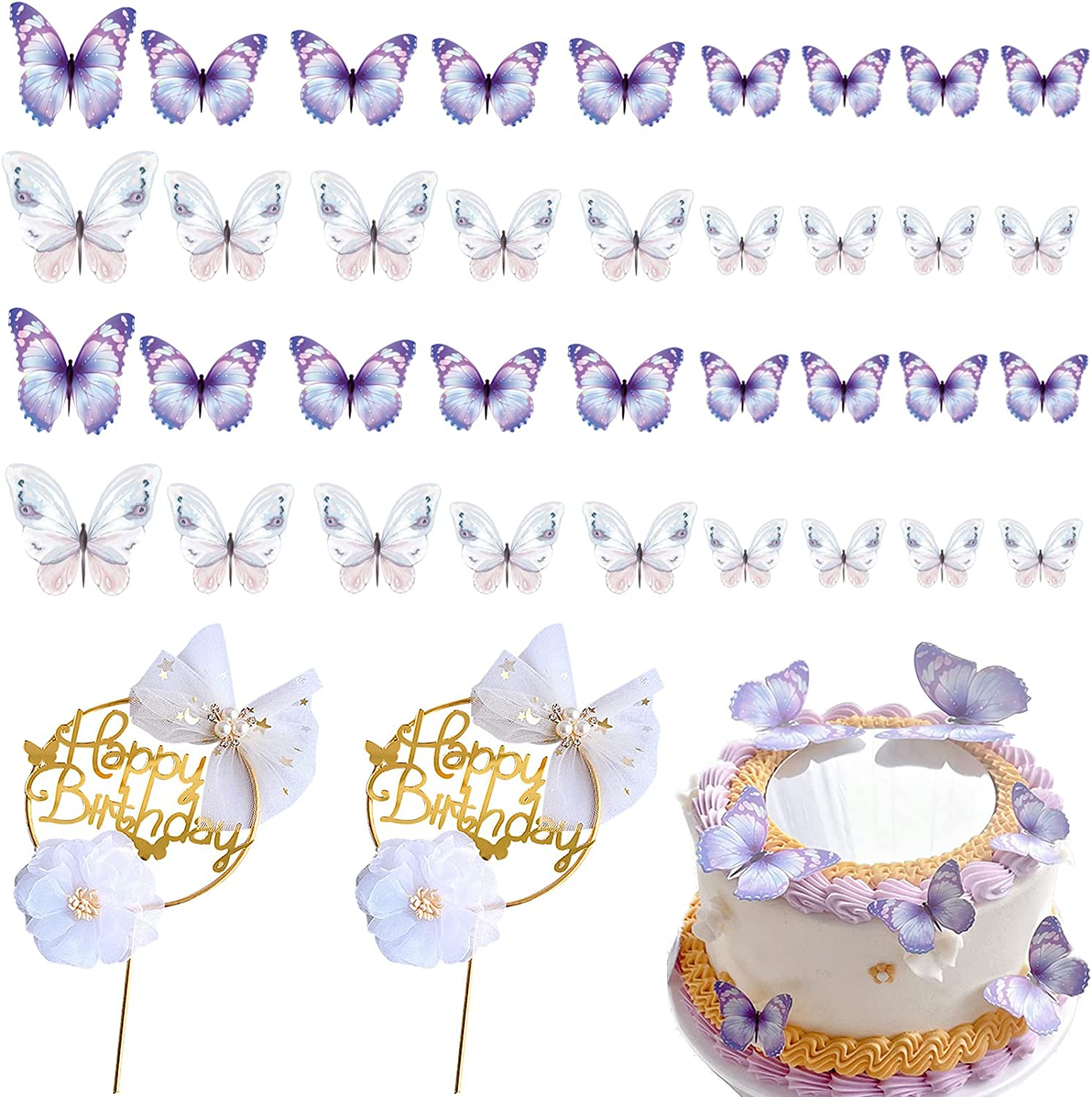 Birthday Cake Toppers,38-Pieces Butterfly Cake Decorations with Happy Birthday Cake Toppers for Baby Shower Wedding Birthday Party Decor image number 2