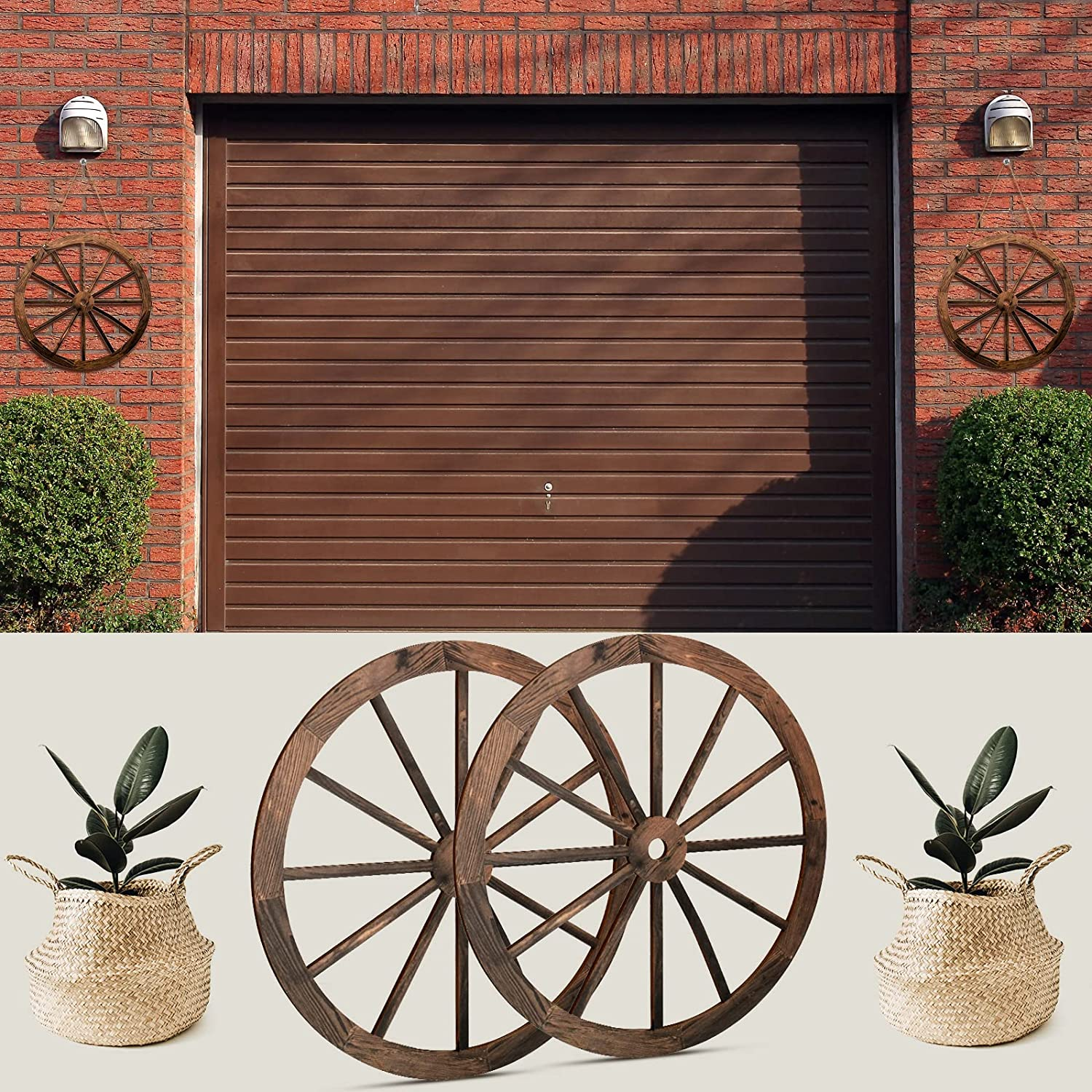 2 Pcs Wagon Wheel Decor Wooden Western Cowboy Party Decorations Vintage Rustic Wagon Wheel Wood Cartwheel Decor for Bar Garage Indoor Outdoor (Brown,12 Inch)
