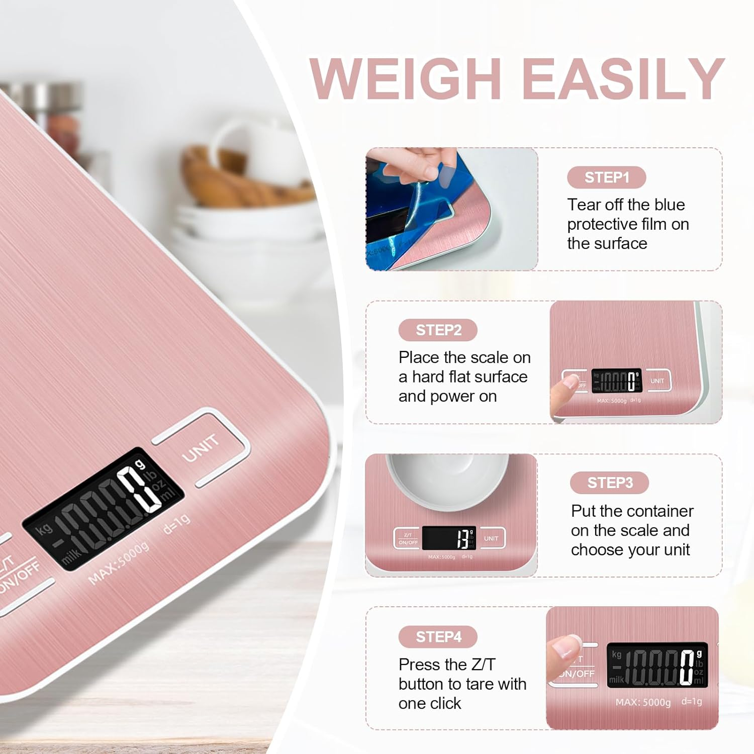 Food Scale, 11Lb Kitchen Scale with 6 Units Tare Function & LCD Display, 0.05Oz/1G Stainless Steel Digital Food Scale Grams and Ounces for Baking, Cooking, Dieting and Meal Prep (Pink) image number 3