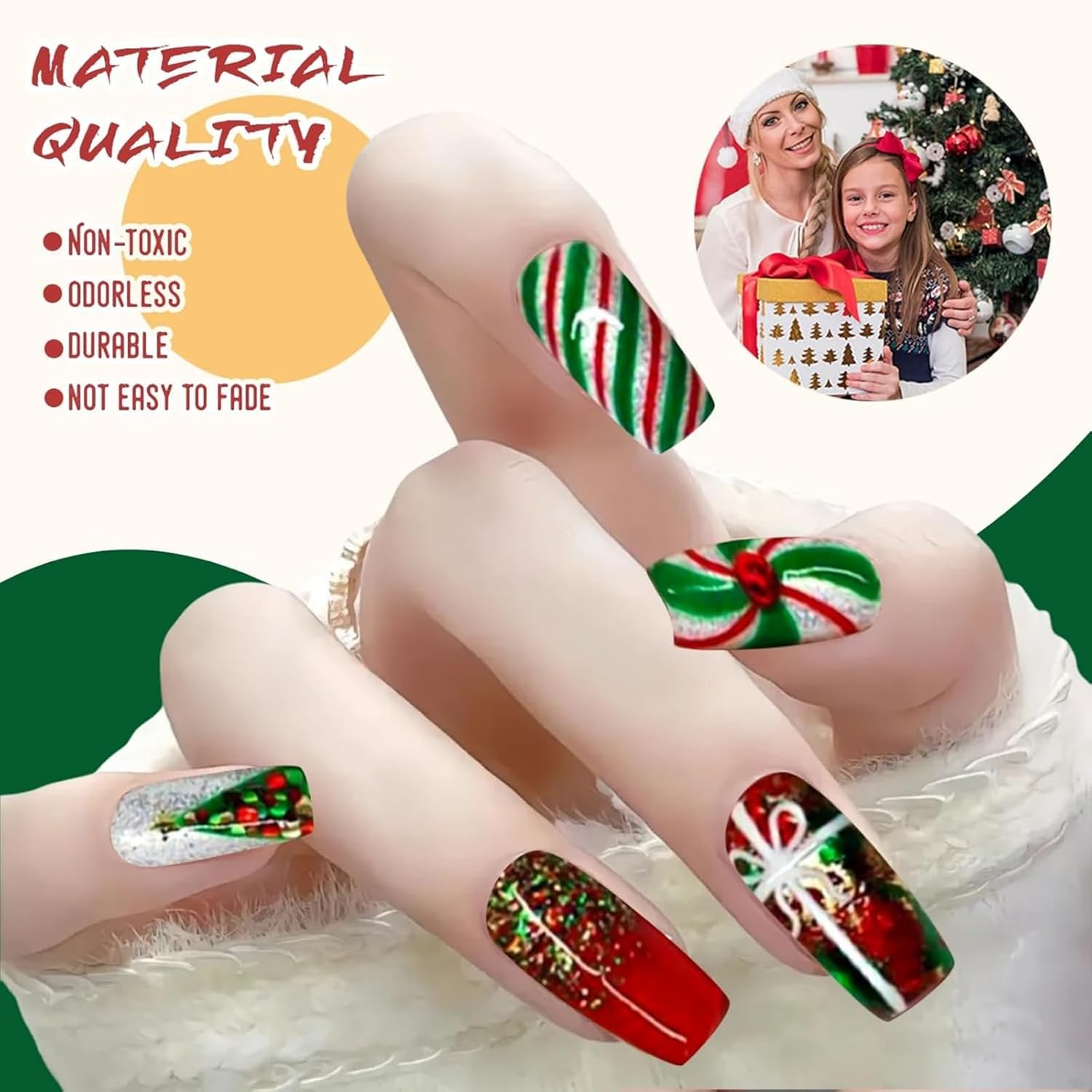 Itadaku 24 Pcs Christmas Press on Nails, Medium Length Acrylic Red Green Stripe and Tree, French Square False Nail with Glue image number 4