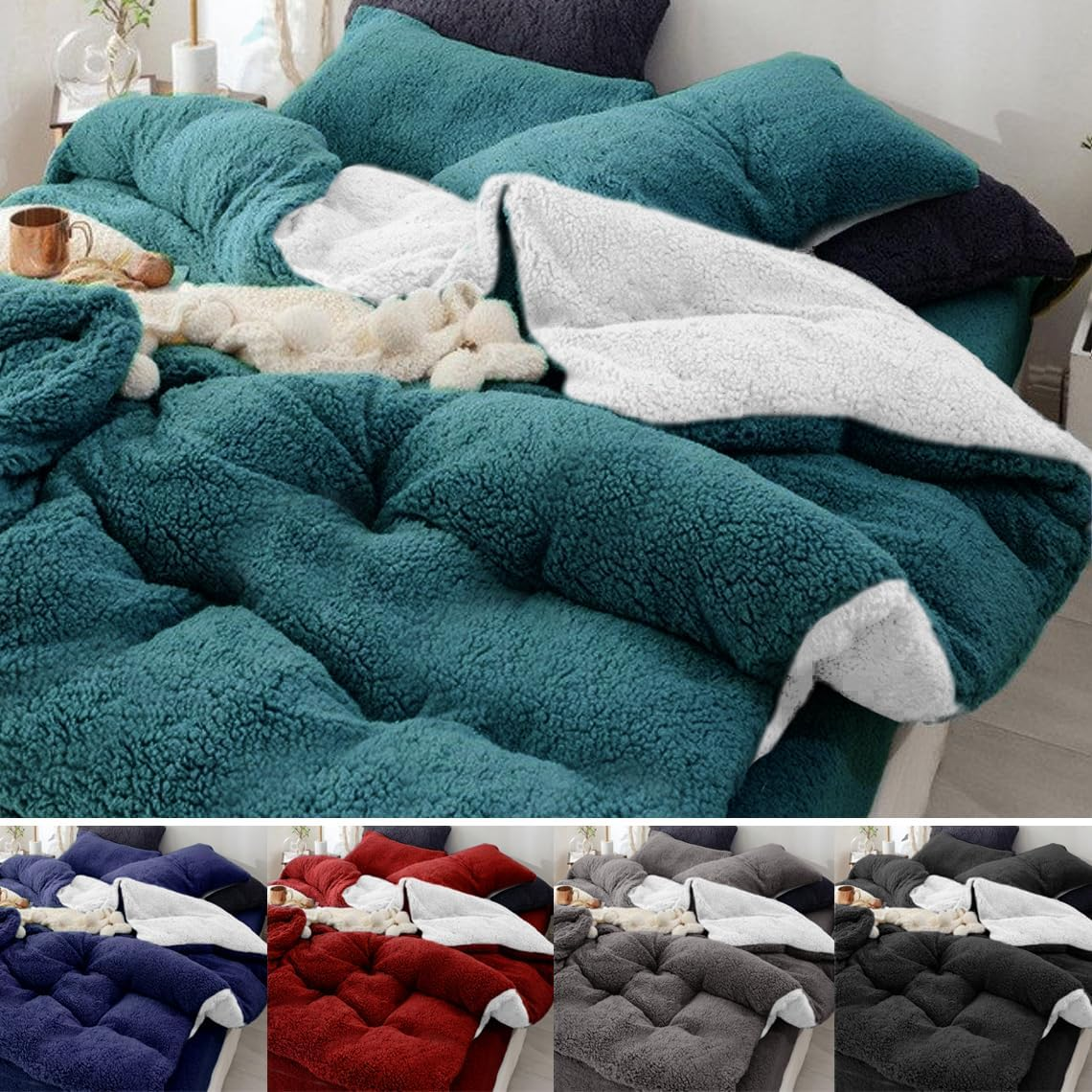 Super Warm Teddy Bear Fleece/Sherpa 2 in 1 Quilt Doona Duvet Cover Set All Size Winter Thermal (Double, Teal)