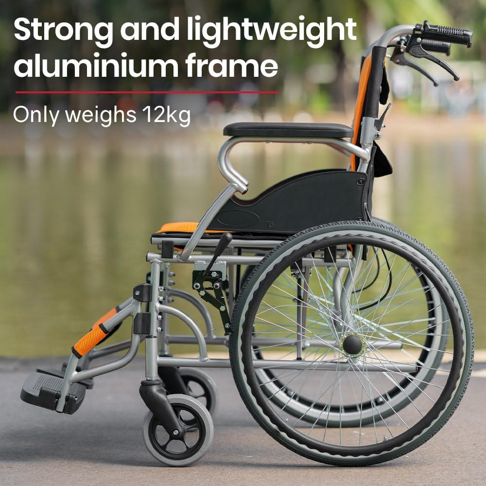 "Equipmed Folding Aluminium Wheelchair, 20"" Wheels, Park Brakes, 100Kg Capacity, Orange" image number 6