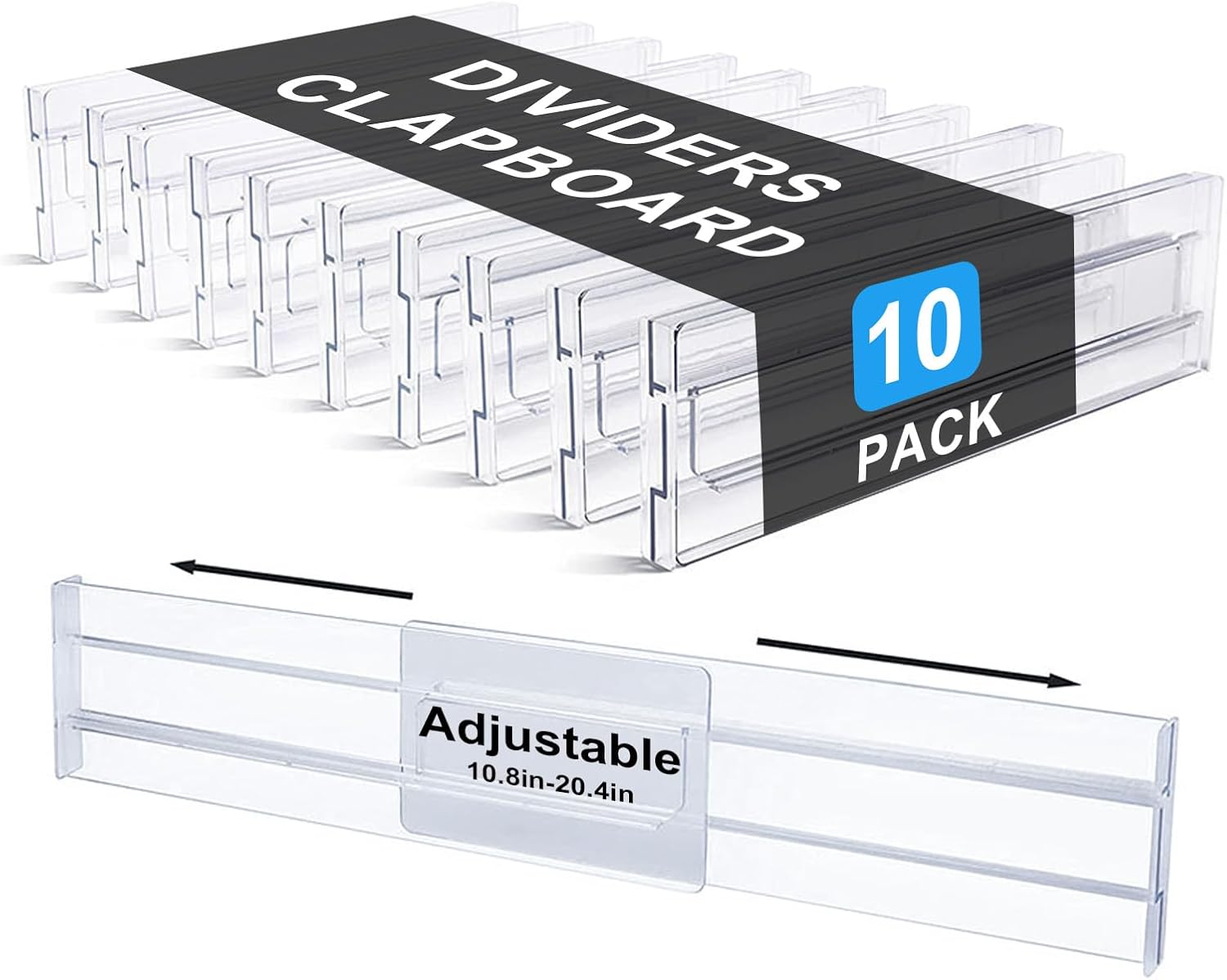 Drawer Dividers Organizers, Adjustable 3.2" High, Expandable from 11-20.8", Clear Plastic Drawer Organizers for Kitchen, Office, Clothing, Bathroom, Bedroom, Home Storage（10Pack） image number 2