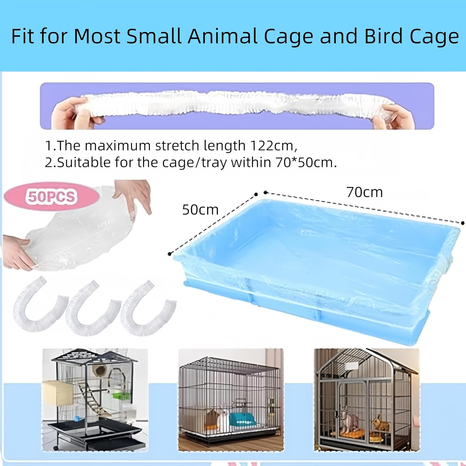 FACAING 50 Pcs Universal Pet Cage Liners for Small and Large Cages Base, Leakproof Plastic Film for Birds, Parrot, Rabbits,Cats,Dogs and Animal Cage Accessories image number 3