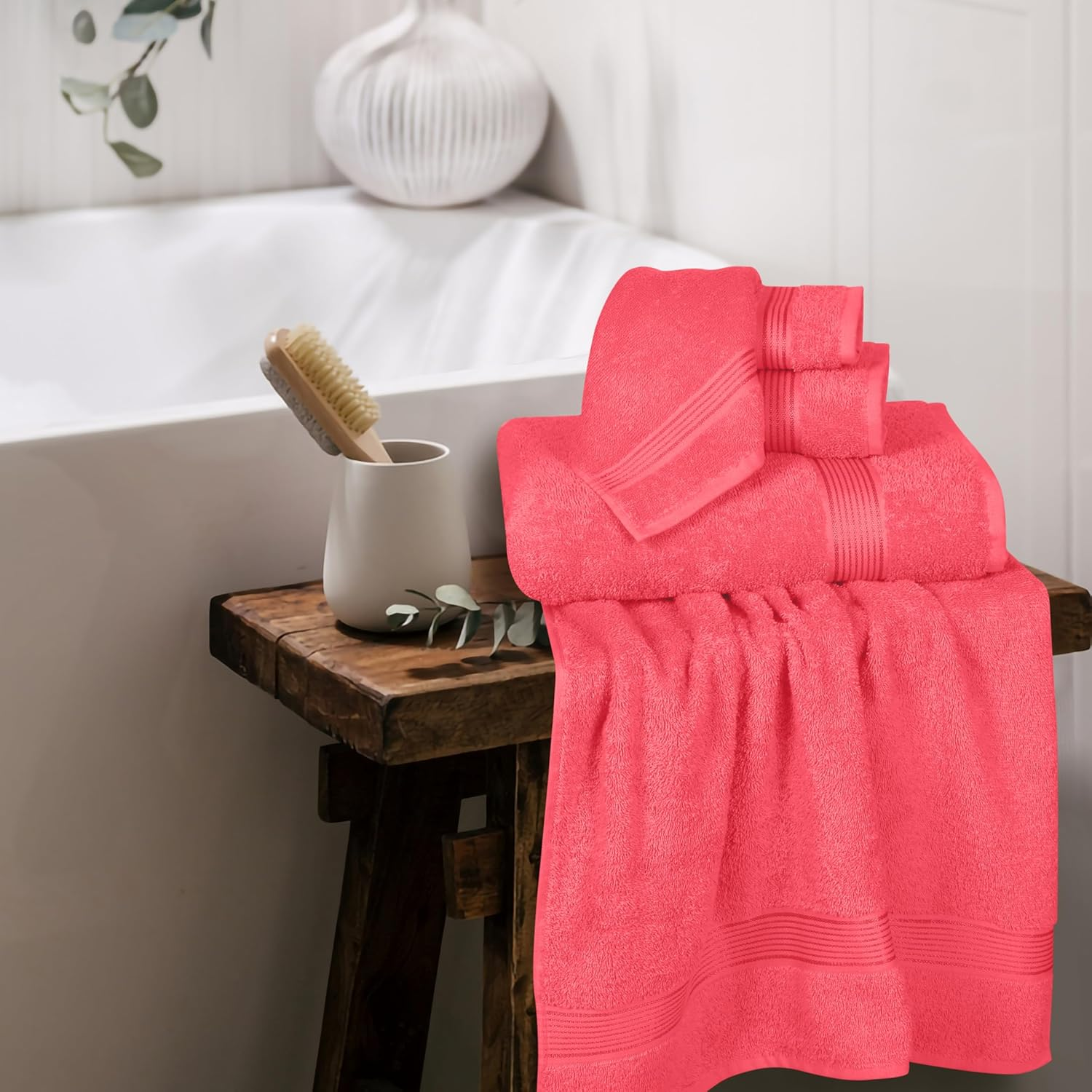 Belizzi Home Ultra Soft 6 Pack Cotton Towel Set, Contains 2 Bath Towels 28X55 Inch, 2 Hand Towels 16X24 Inch & 2 Wash Coths 12X12 Inch, Ideal for Everyday Use, Compact & Lightweight - Coral Orange image number 3