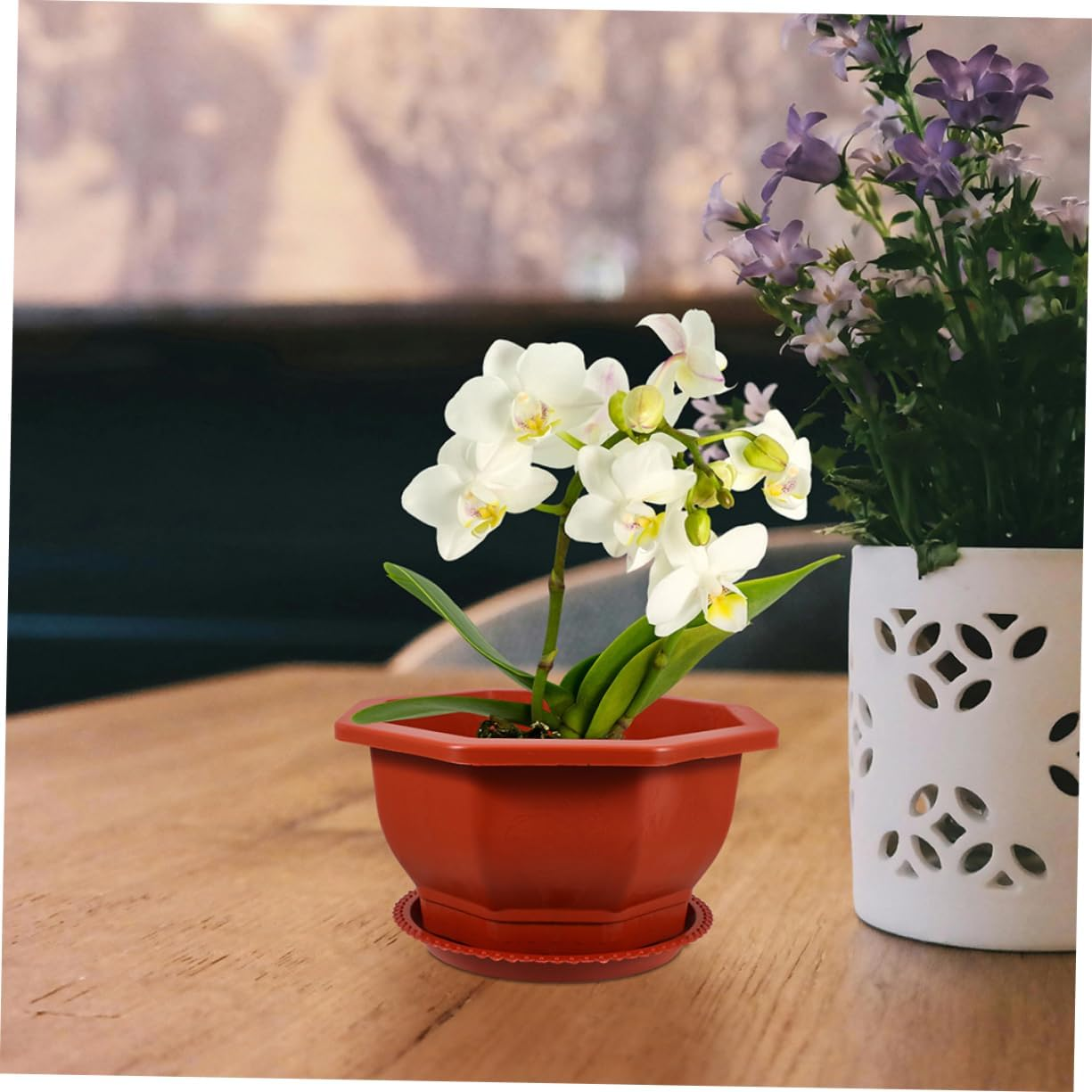 KONTONTY Octagonal Red Plant Pots 5Pcs with Saucers Thickened Plastic Indoor Plant Pots Outdoor Planters Small Indoor Planter for Home Gardening image number 4
