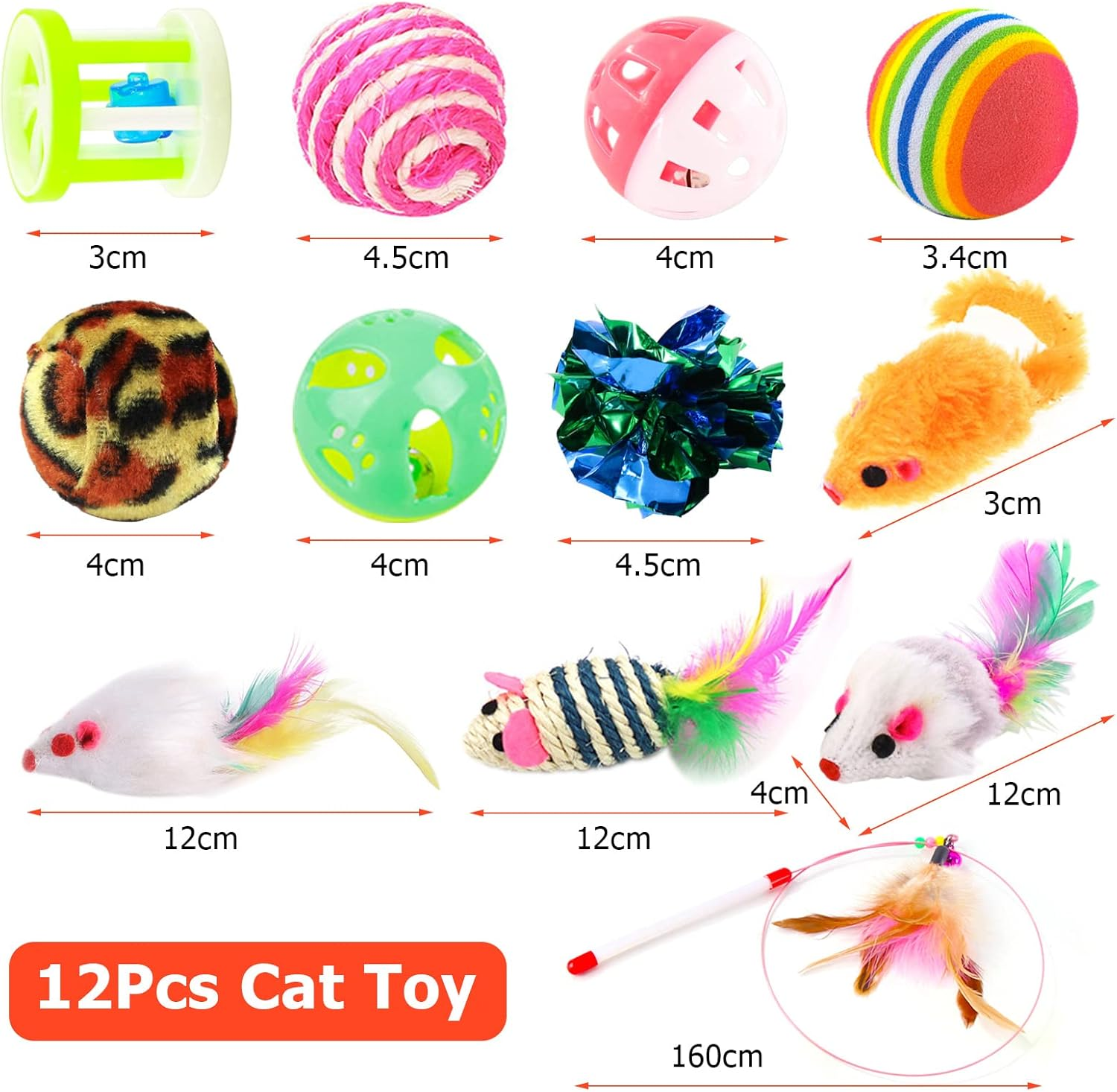 12 PCS Cat Toys Assortments for Indoor Cats, Variety Interactive Kitten Toys for Bored Indoor Cats Chase and Exercise, Cat Feather Teaser Fluffy Mouse Crinkle Balls Cat Bell Balls Fuzzy Ball (12Pcs) image number 1