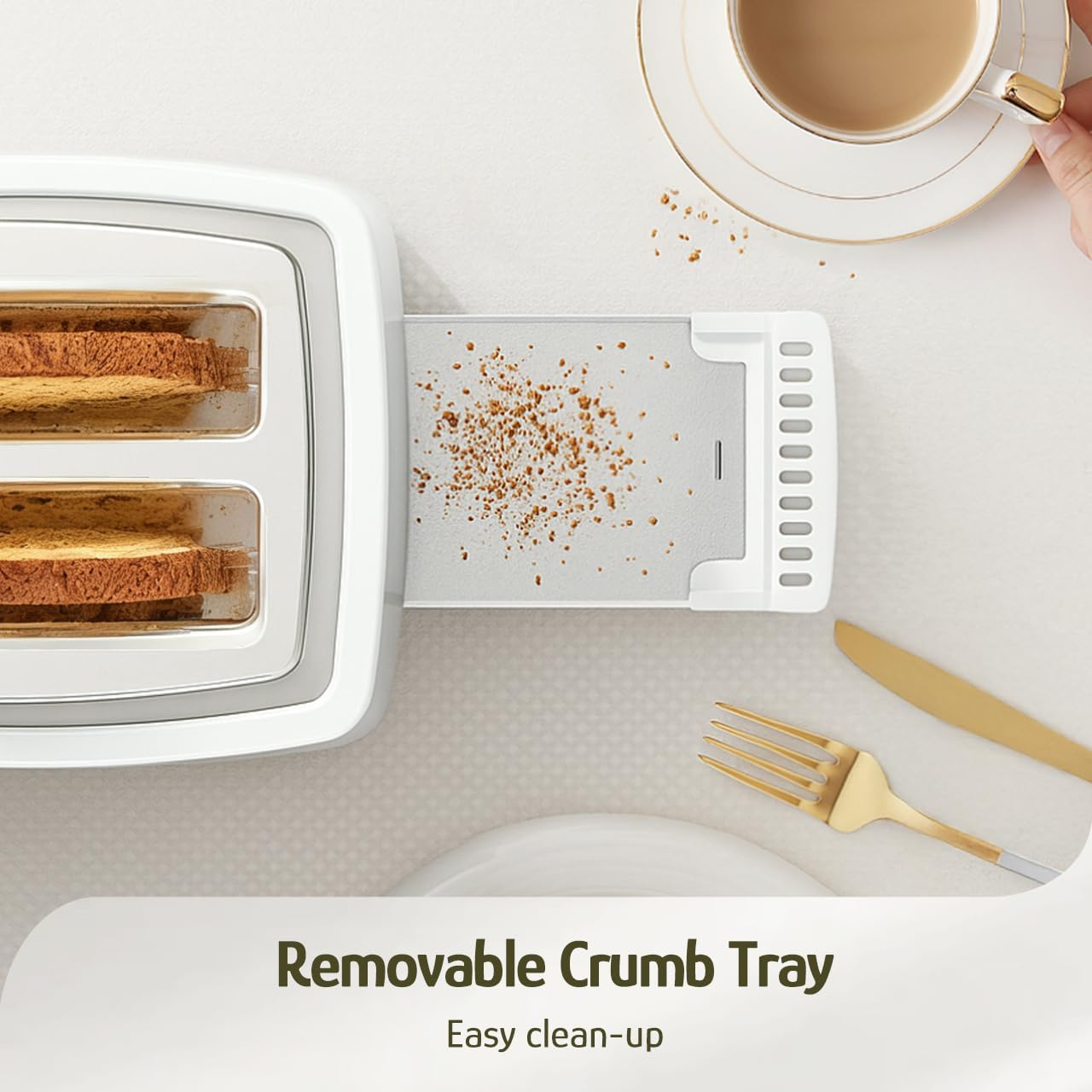 Hazel Quinn 2 Slice Toaster with Wide Slots 6 Browning Levels, Even Heating, Removable Crumb Tray Quick Toast for Thick Bread, Bagels White image number 3