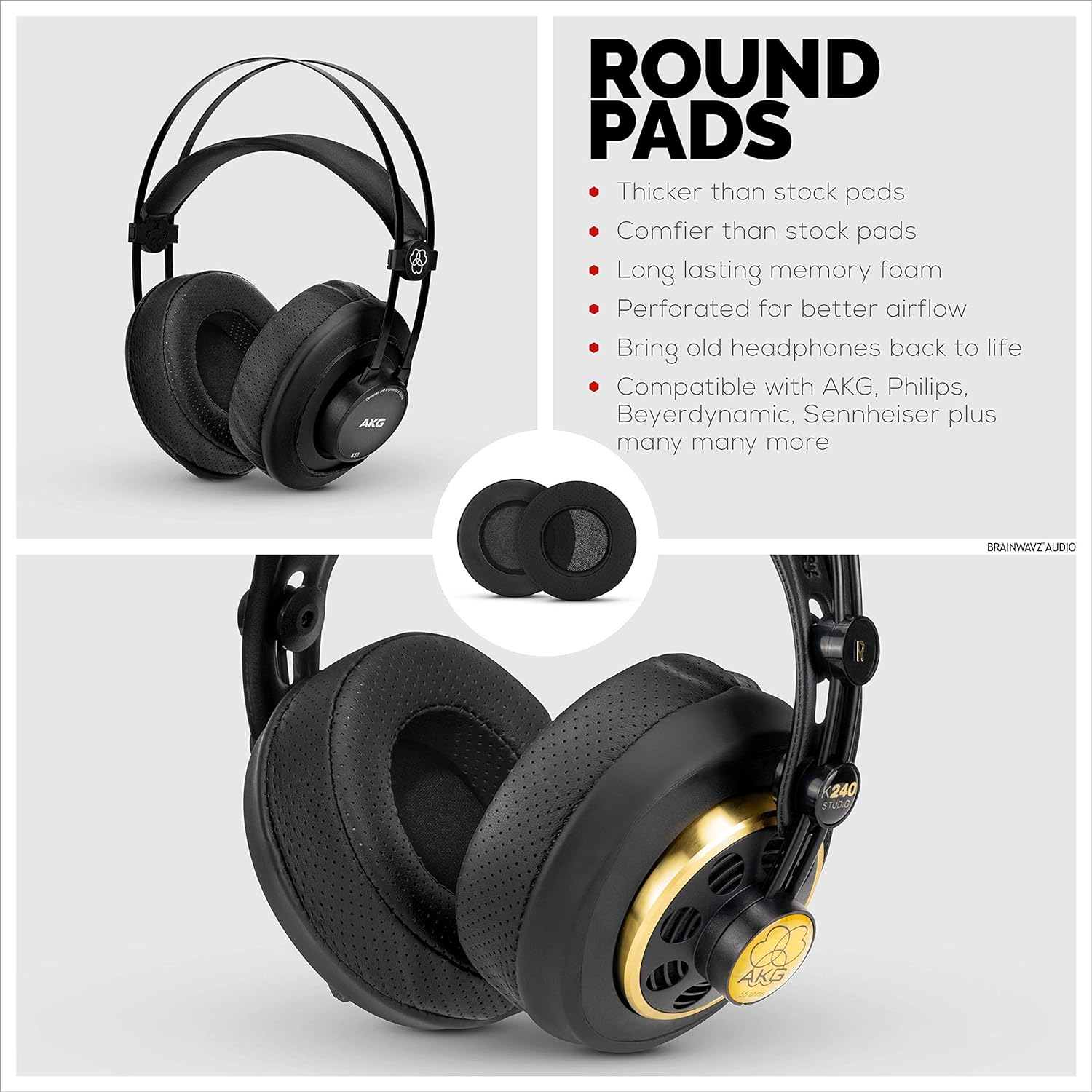 BRAINWAVZ round Memory Foam Earpads - Suitable Many Large Headphones - Steelseries, HD668B, ATH, AKG K553, Hifiman, ATH, Philips, Fostex, Sony Ear Pad & More (Perforated Black) image number 3