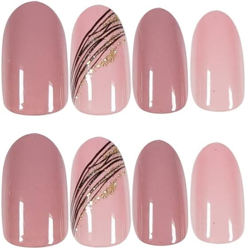 Almond Oblique Gold Thread French Designs 24 Pcs Cute Pointed Oval Shape Press on Nails Pink Full Coverage Short Length Fake False Nails, Art for Women and Girls Stick on Nails image number 1