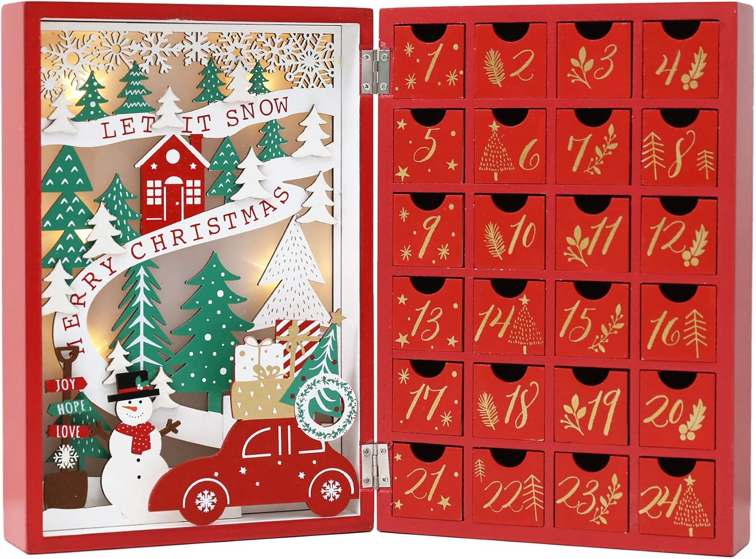 PE Christmas Wooden Advent Calendar Book with Drawers and LED, Reusable Countdown to Christmas Advent Calendar with Village Forest Snowman Scene Perfect Gift (Red) image number 4