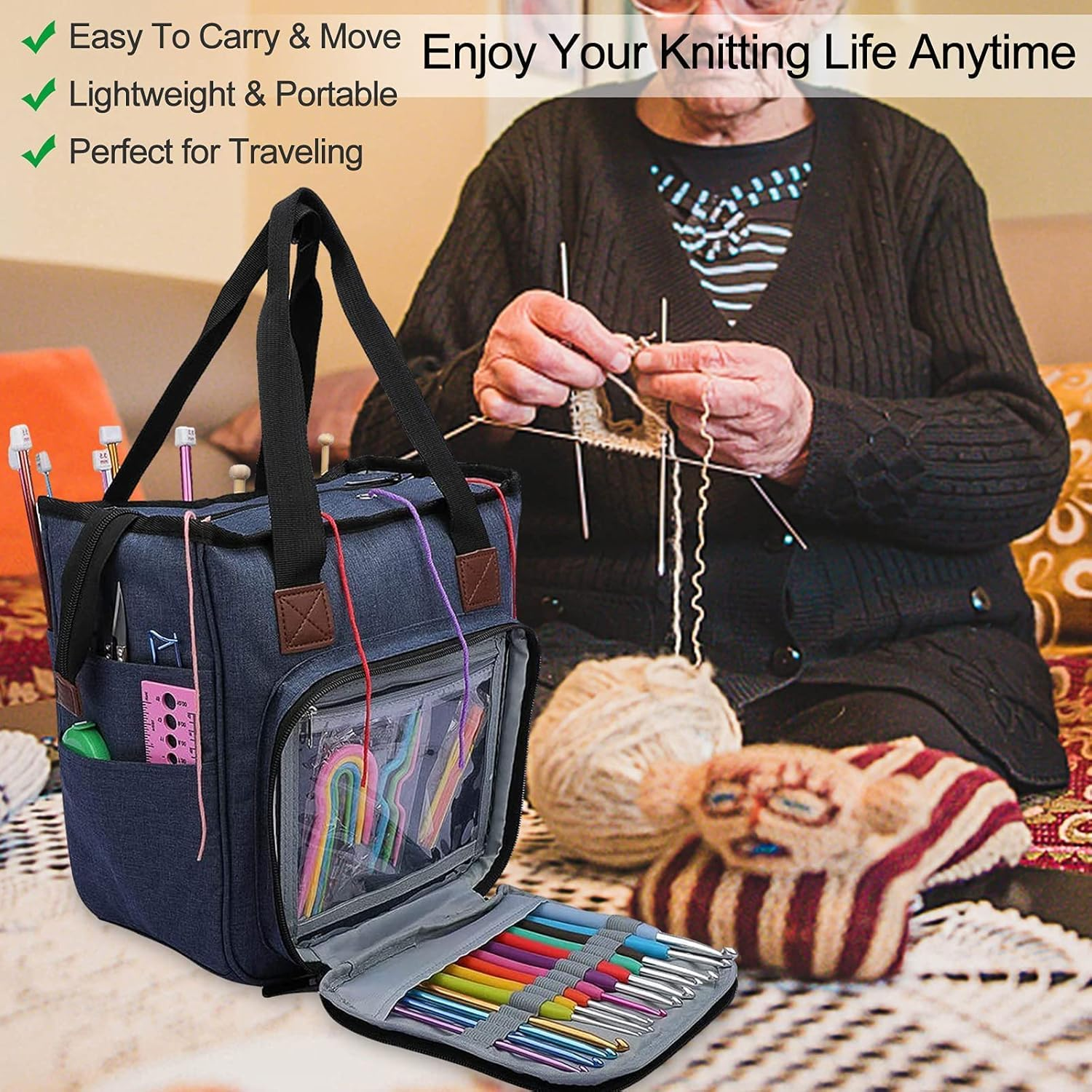 Knitting Bag Yarn Storage Organizer, Portable Knitting Tote Basket Yarn Bags for Crochet Hooks, Crocheting Kit, Knitting Needles, Yarn Balls, Project & Sewing Supplies (Navy) - Sky Blue image number 4