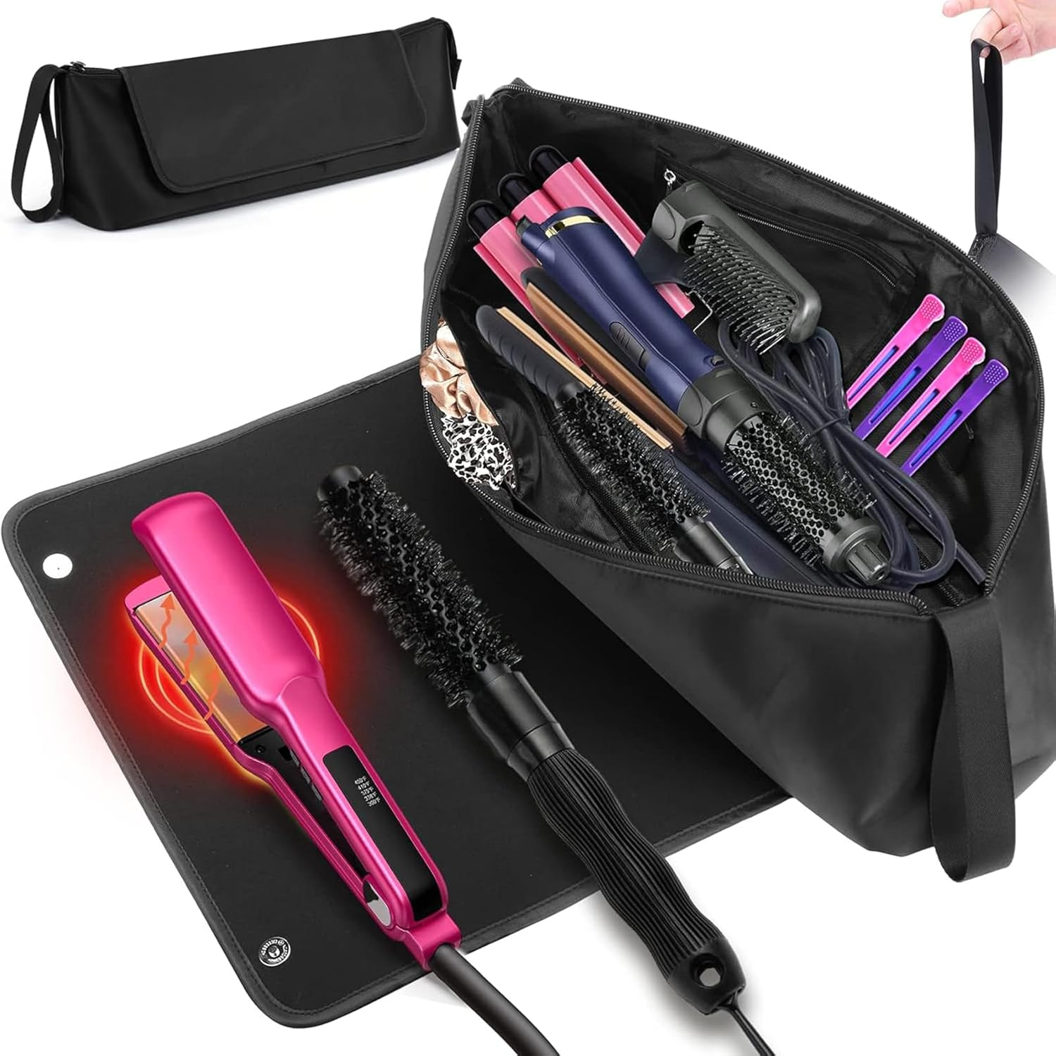 2 in 1 Hair Tools Case with Heat Resistant Mat, Large Travel Bag for Flat Irons, Straighteners, Curling Iron, Haircare Accessories image number 6