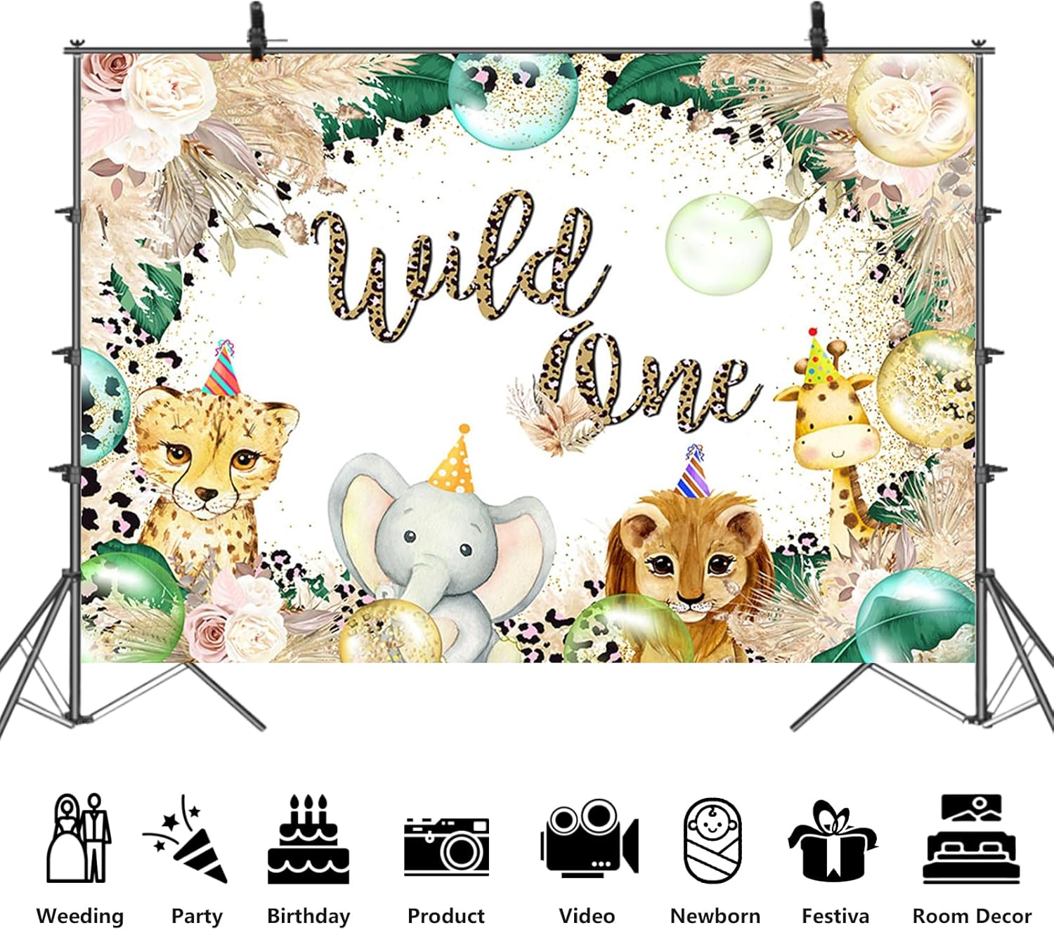 APROPHIC Wild One Background Jungle Wildlife First Year Birthday Background Wild Animals Birthday Banner Background Pampas Grass Cake Table Decoration 210 X 150 Cm image number 5